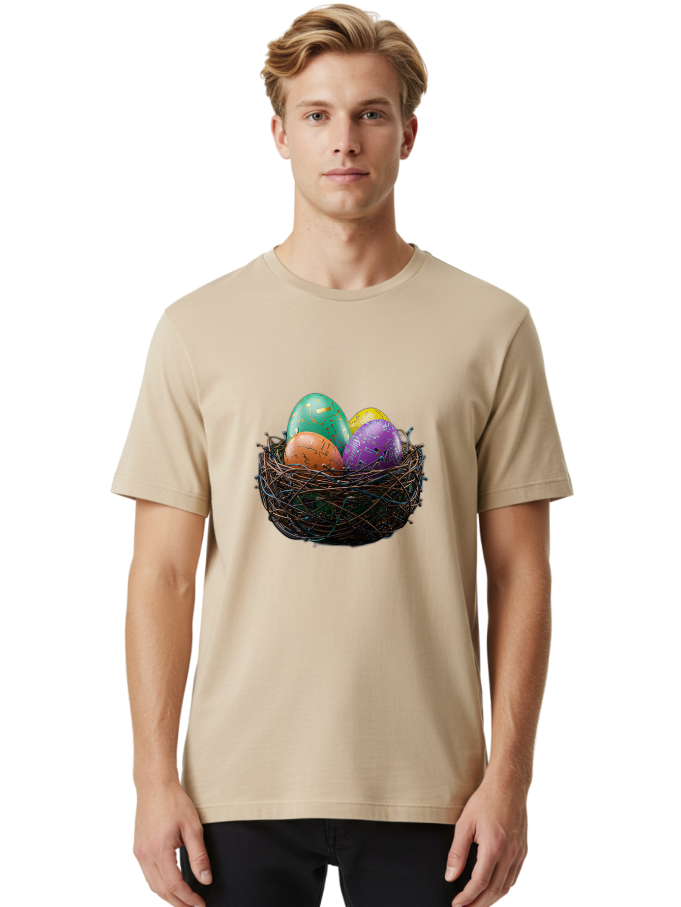 Easter-Eggs-In-Nest-1 Men'S Graphic Tee, 100% Cotton, Comfortable Casual Summer Wear, Machine Washable, Colorful Easter Eggs, Decorative Eggs, Easter Basket, Nest, Vibrant Colors, Festive Decorations, Spring Theme, Easter Celebration Baa617
