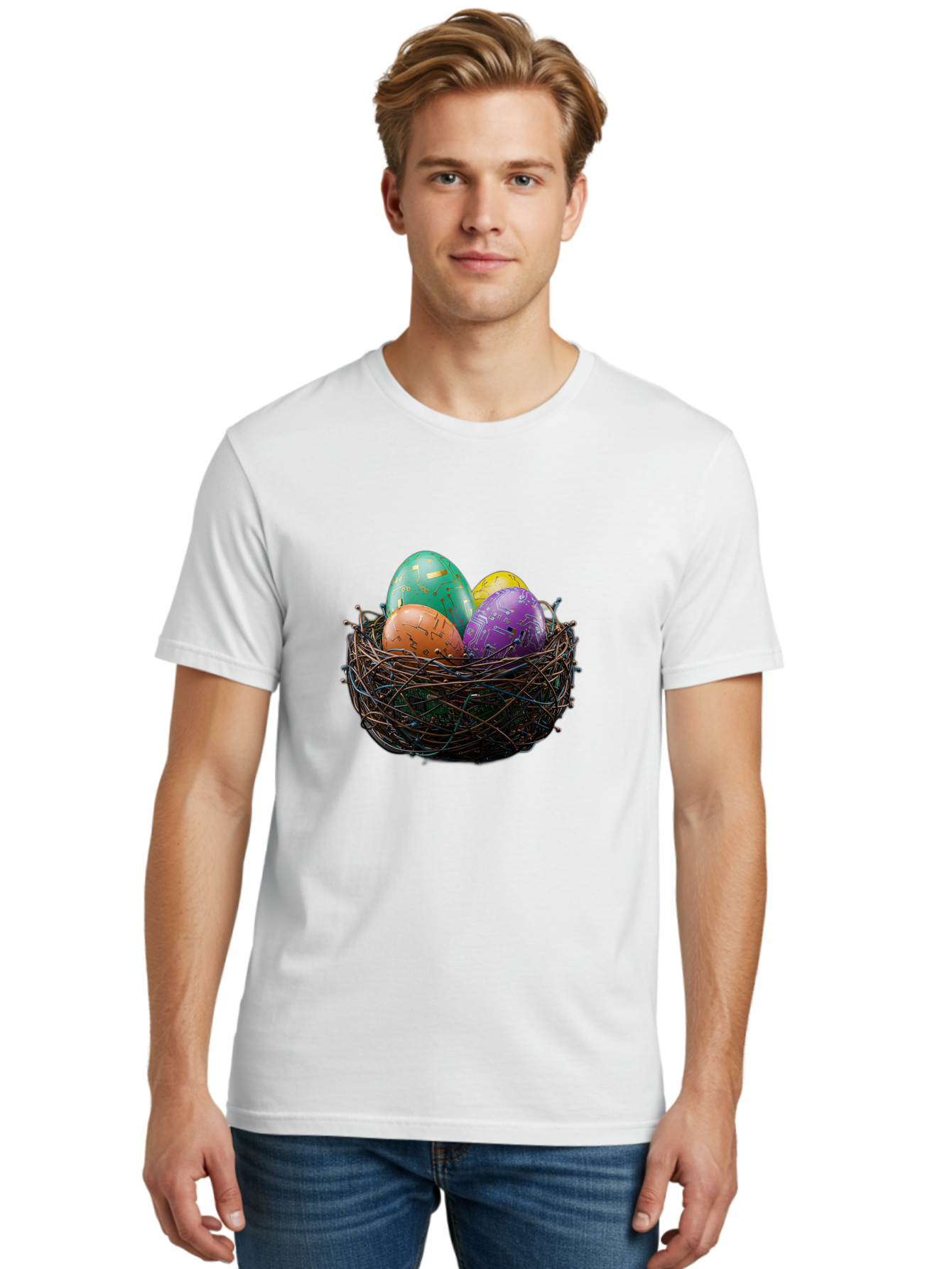 Easter-Eggs-In-Nest-1 Men'S Graphic Tee, 100% Cotton, Comfortable Casual Summer Wear, Machine Washable, Colorful Easter Eggs, Decorative Eggs, Easter Basket, Nest, Vibrant Colors, Festive Decorations, Spring Theme, Easter Celebration Baa617