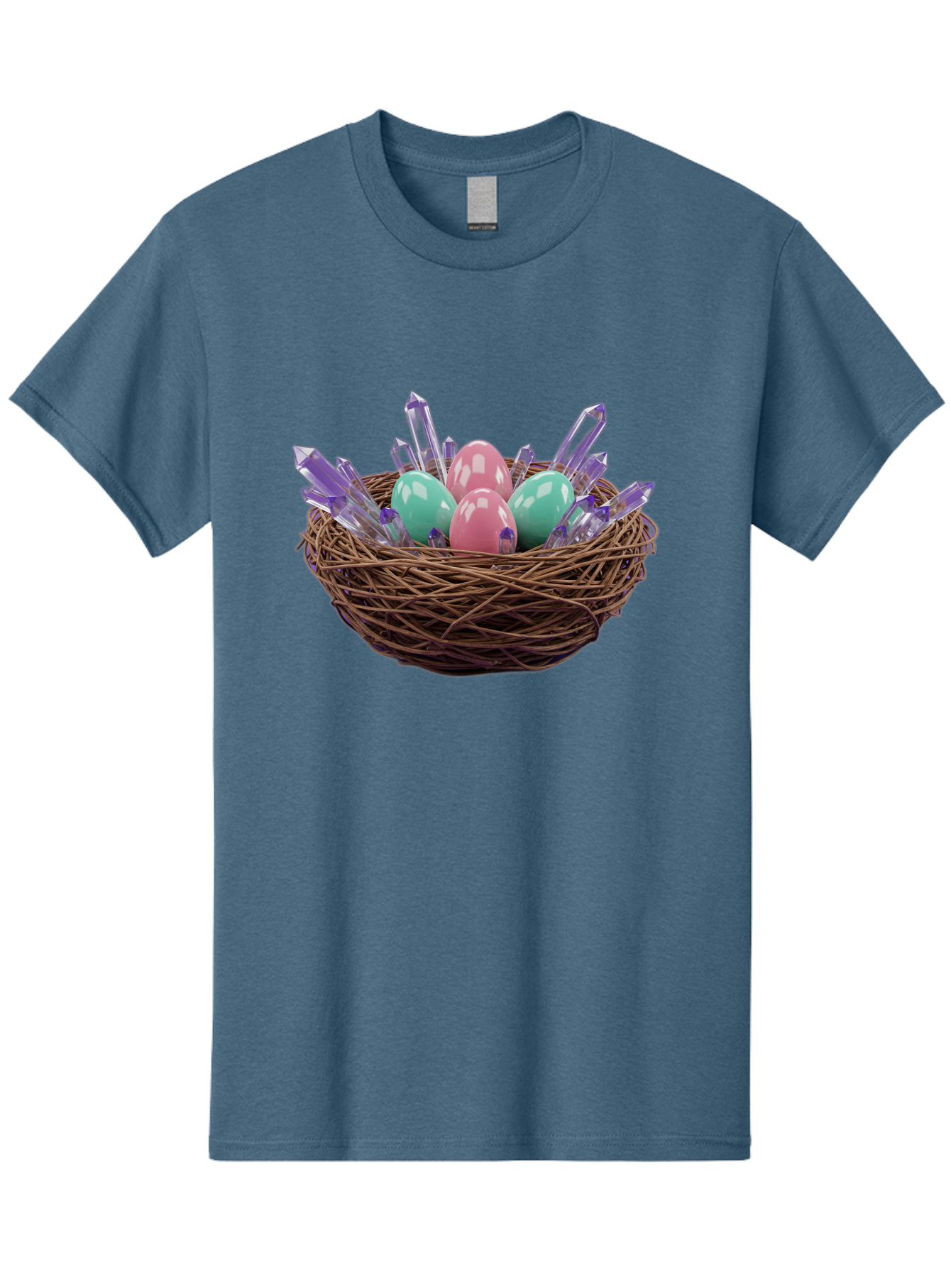 Easter-Eggs-In-Nest-2 Men'S Graphic Tee, 100% Cotton, Comfortable Casual Summer Wear, Machine Washable, Bird'S Nest, Shiny Eggs, Crystal Decorations, Pastel Colors, Easter Theme, Festive Decor, Spring Symbols, Jewelry-Inspired Design, Baa618