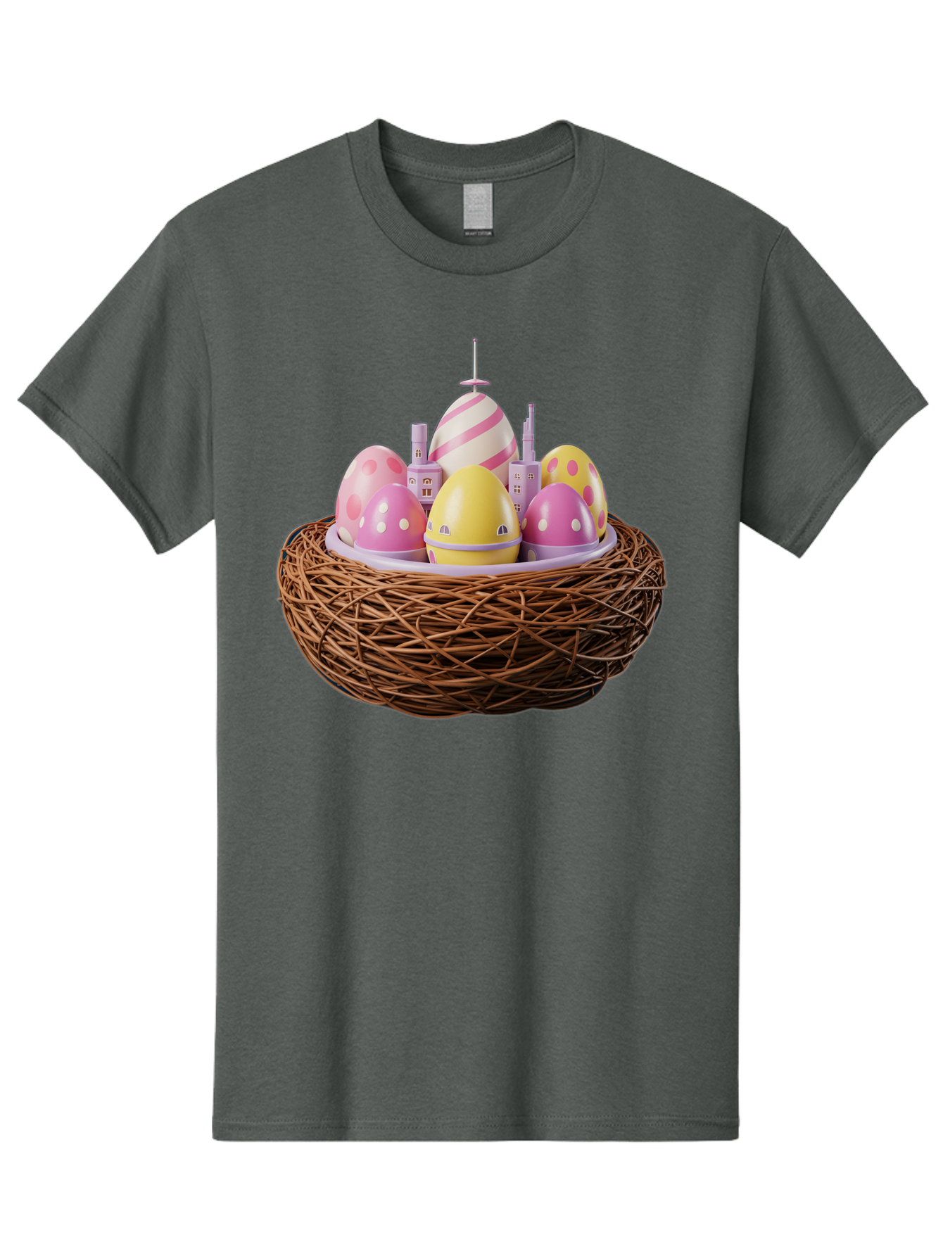 Easter-Eggs-In-Nest-3 Men'S Graphic Tee, 100% Cotton, Comfortable Casual Summer Wear, Machine Washable, Easter Eggs, Pastel Colors, Polka Dots, Stripes, Easter Holiday, Egg Hunt, Springtime, Wicker Nest, Festive Decorations, Creative Designs Baa619