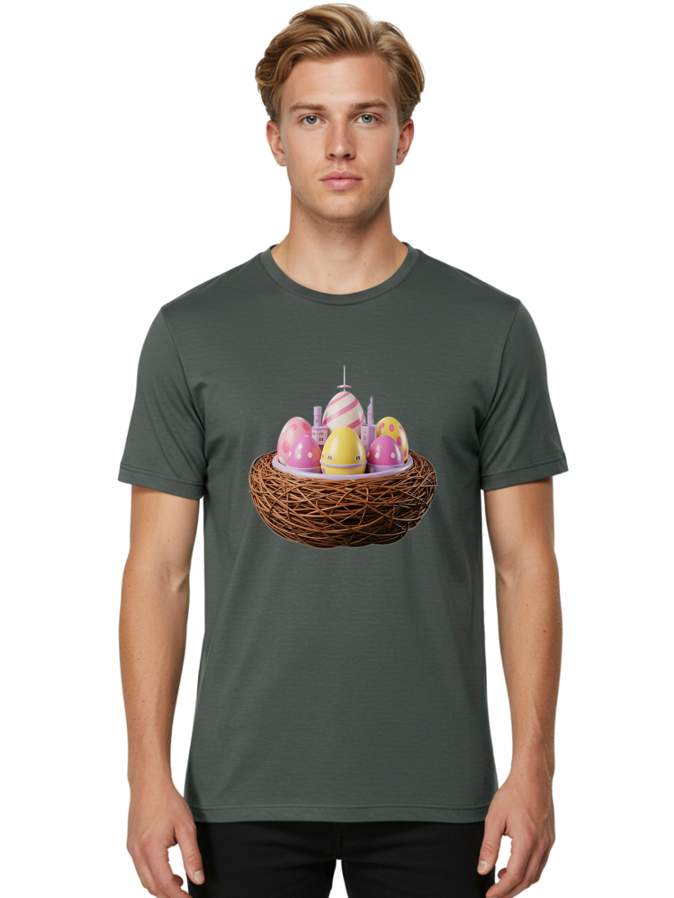 Easter-Eggs-In-Nest-3 Men'S Graphic Tee, 100% Cotton, Comfortable Casual Summer Wear, Machine Washable, Easter Eggs, Pastel Colors, Polka Dots, Stripes, Easter Holiday, Egg Hunt, Springtime, Wicker Nest, Festive Decorations, Creative Designs Baa619