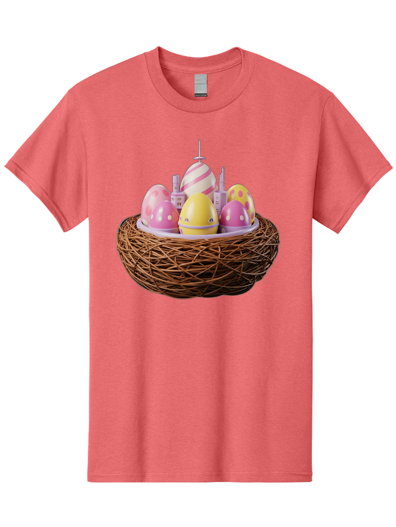 Easter-Eggs-In-Nest-3 Men'S Graphic Tee, 100% Cotton, Comfortable Casual Summer Wear, Machine Washable, Easter Eggs, Pastel Colors, Polka Dots, Stripes, Easter Holiday, Egg Hunt, Springtime, Wicker Nest, Festive Decorations, Creative Designs Baa619