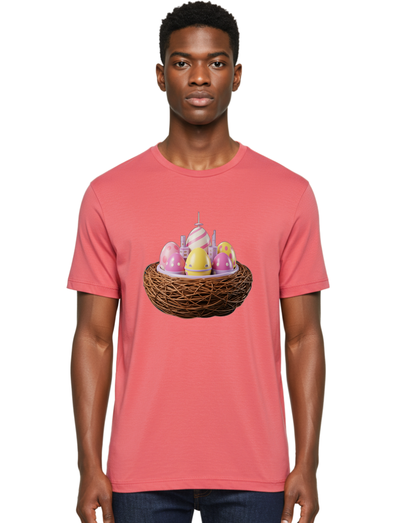 Easter-Eggs-In-Nest-3 Men'S Graphic Tee, 100% Cotton, Comfortable Casual Summer Wear, Machine Washable, Easter Eggs, Pastel Colors, Polka Dots, Stripes, Easter Holiday, Egg Hunt, Springtime, Wicker Nest, Festive Decorations, Creative Designs Baa619