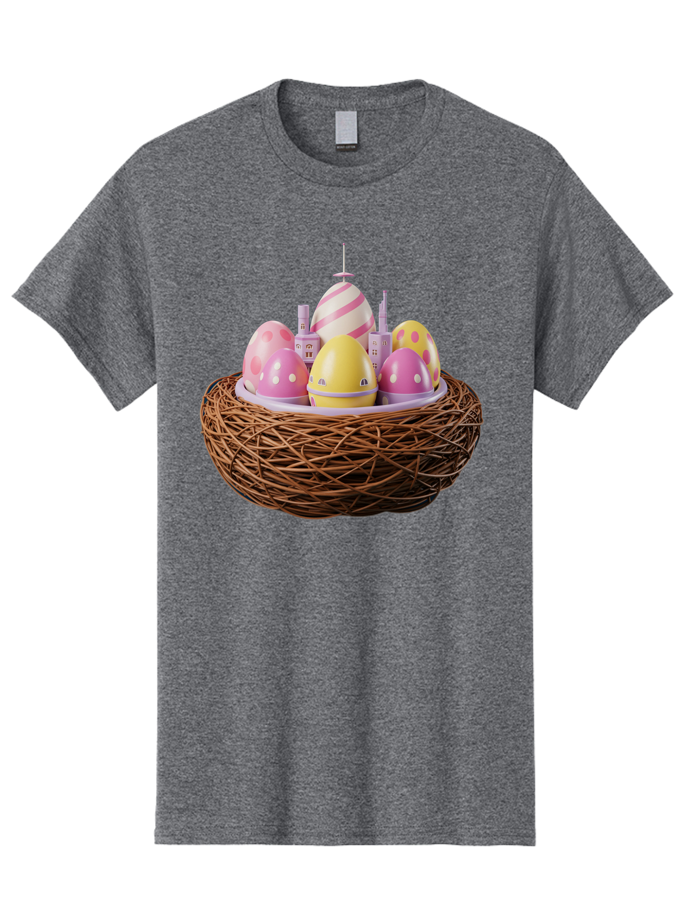 Easter-Eggs-In-Nest-3 Men'S Graphic Tee, 100% Cotton, Comfortable Casual Summer Wear, Machine Washable, Easter Eggs, Pastel Colors, Polka Dots, Stripes, Easter Holiday, Egg Hunt, Springtime, Wicker Nest, Festive Decorations, Creative Designs Baa619