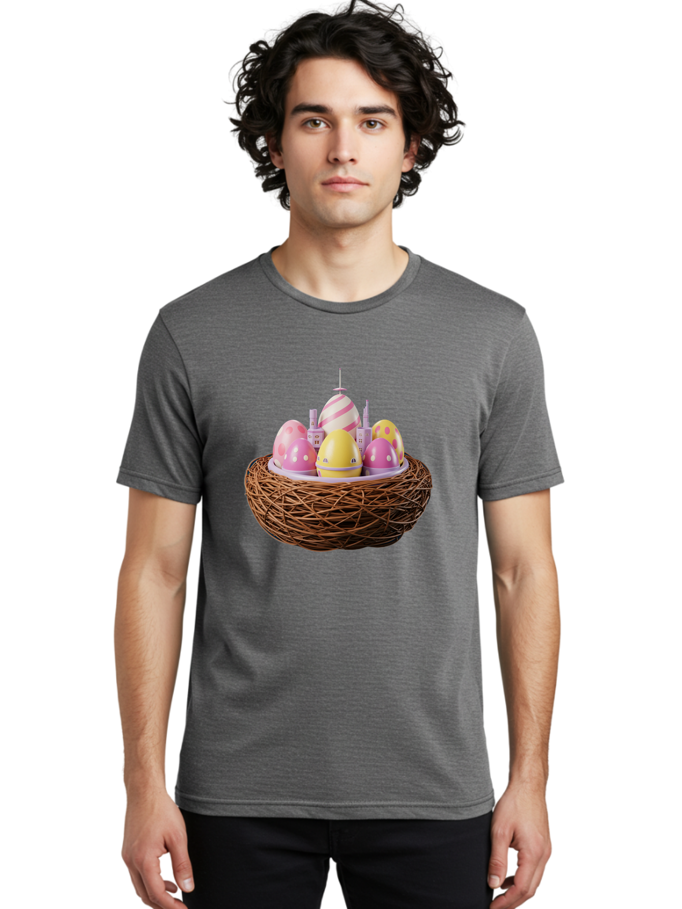 Easter-Eggs-In-Nest-3 Men'S Graphic Tee, 100% Cotton, Comfortable Casual Summer Wear, Machine Washable, Easter Eggs, Pastel Colors, Polka Dots, Stripes, Easter Holiday, Egg Hunt, Springtime, Wicker Nest, Festive Decorations, Creative Designs Baa619