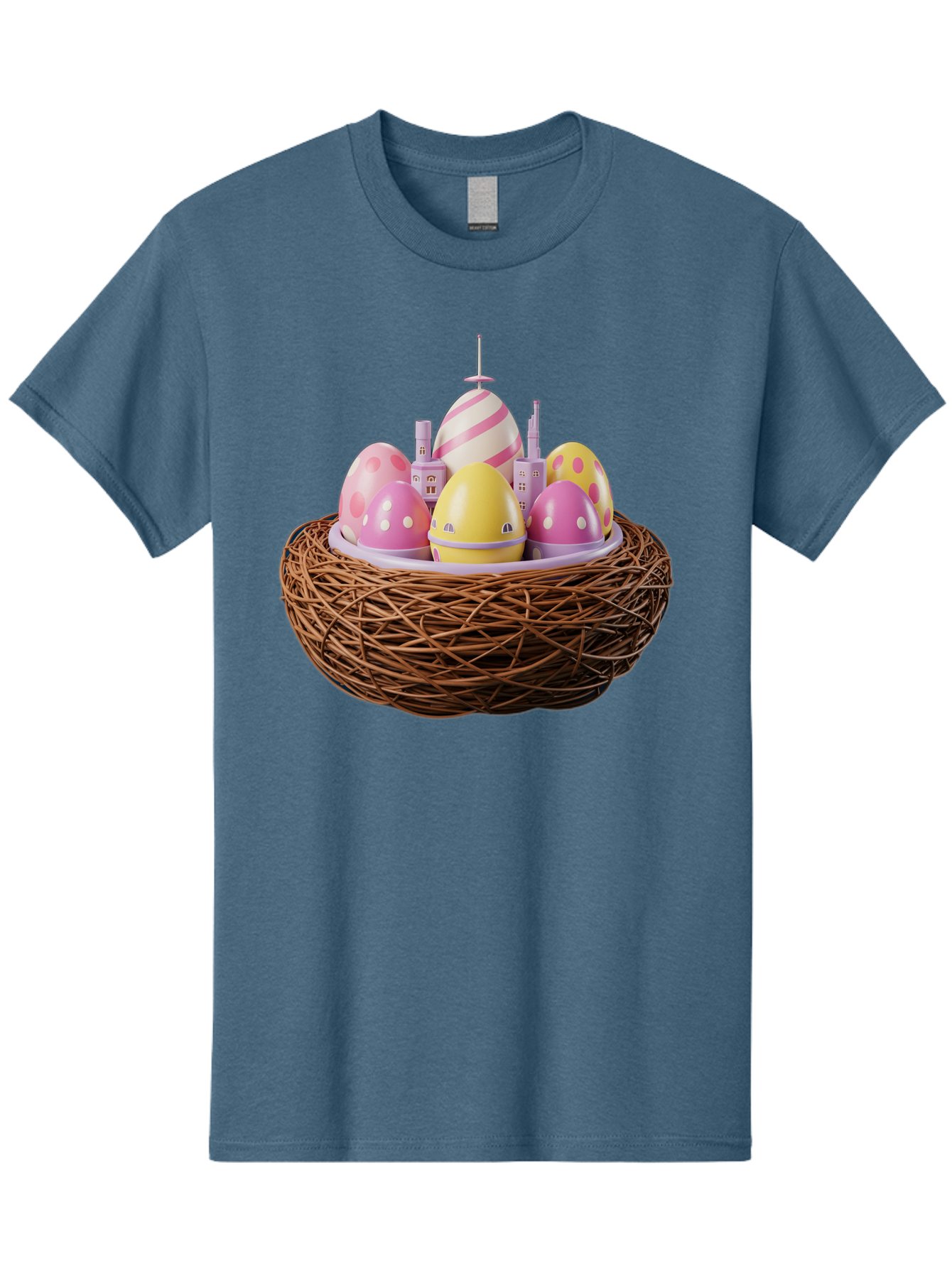 Easter-Eggs-In-Nest-3 Men'S Graphic Tee, 100% Cotton, Comfortable Casual Summer Wear, Machine Washable, Easter Eggs, Pastel Colors, Polka Dots, Stripes, Easter Holiday, Egg Hunt, Springtime, Wicker Nest, Festive Decorations, Creative Designs Baa619