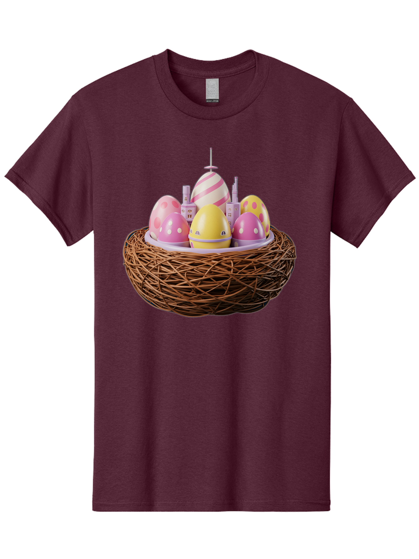 Easter-Eggs-In-Nest-3 Men'S Graphic Tee, 100% Cotton, Comfortable Casual Summer Wear, Machine Washable, Easter Eggs, Pastel Colors, Polka Dots, Stripes, Easter Holiday, Egg Hunt, Springtime, Wicker Nest, Festive Decorations, Creative Designs Baa619