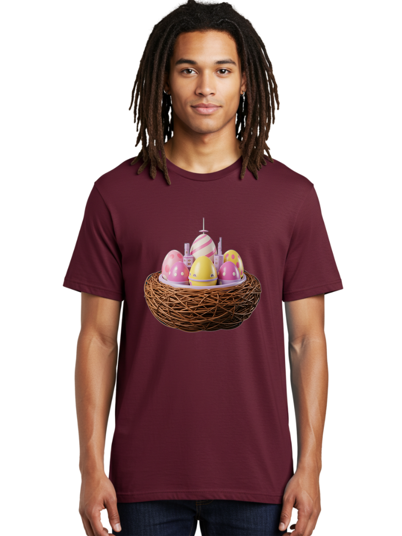 Easter-Eggs-In-Nest-3 Men'S Graphic Tee, 100% Cotton, Comfortable Casual Summer Wear, Machine Washable, Easter Eggs, Pastel Colors, Polka Dots, Stripes, Easter Holiday, Egg Hunt, Springtime, Wicker Nest, Festive Decorations, Creative Designs Baa619