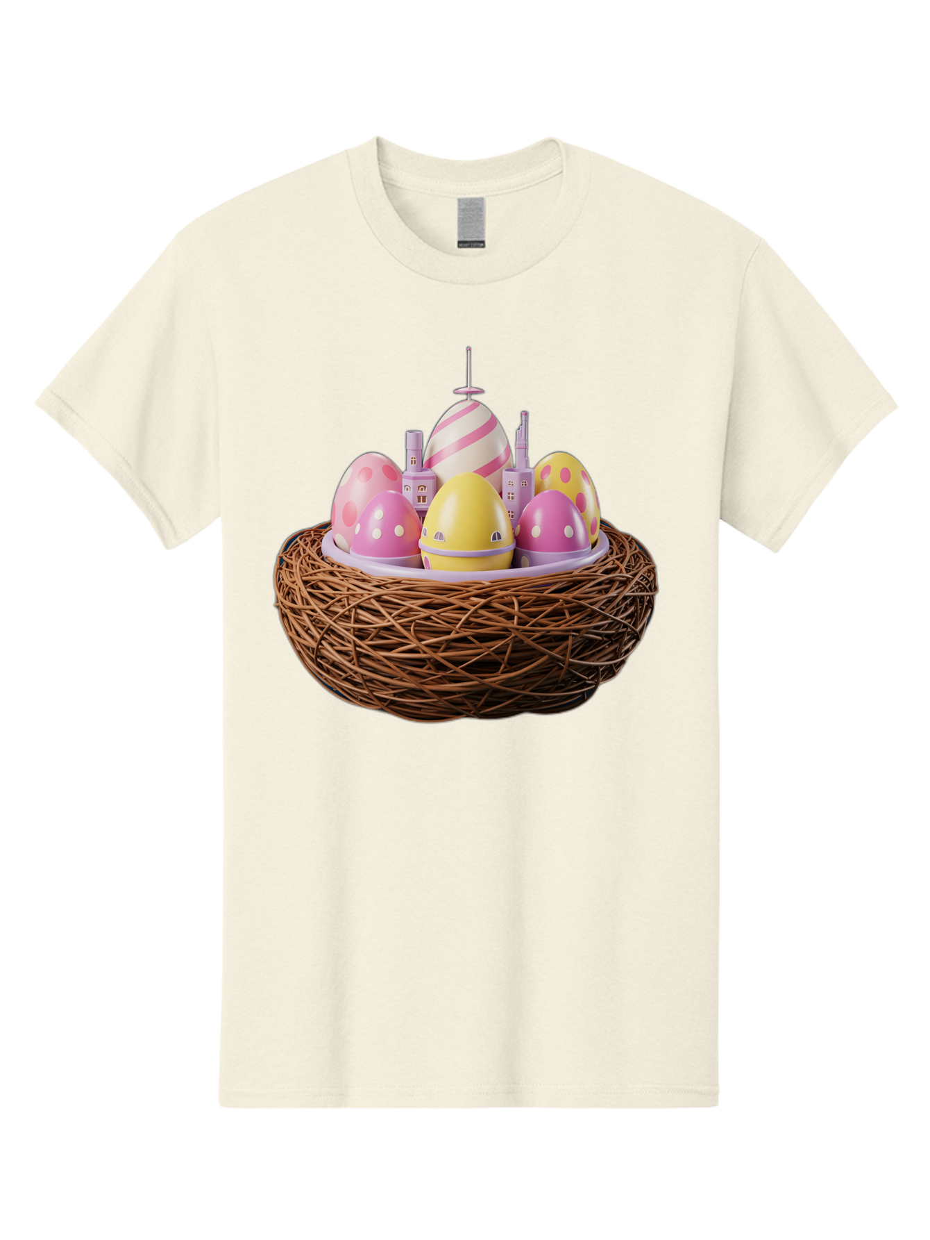 Easter-Eggs-In-Nest-3 Men'S Graphic Tee, 100% Cotton, Comfortable Casual Summer Wear, Machine Washable, Easter Eggs, Pastel Colors, Polka Dots, Stripes, Easter Holiday, Egg Hunt, Springtime, Wicker Nest, Festive Decorations, Creative Designs Baa619