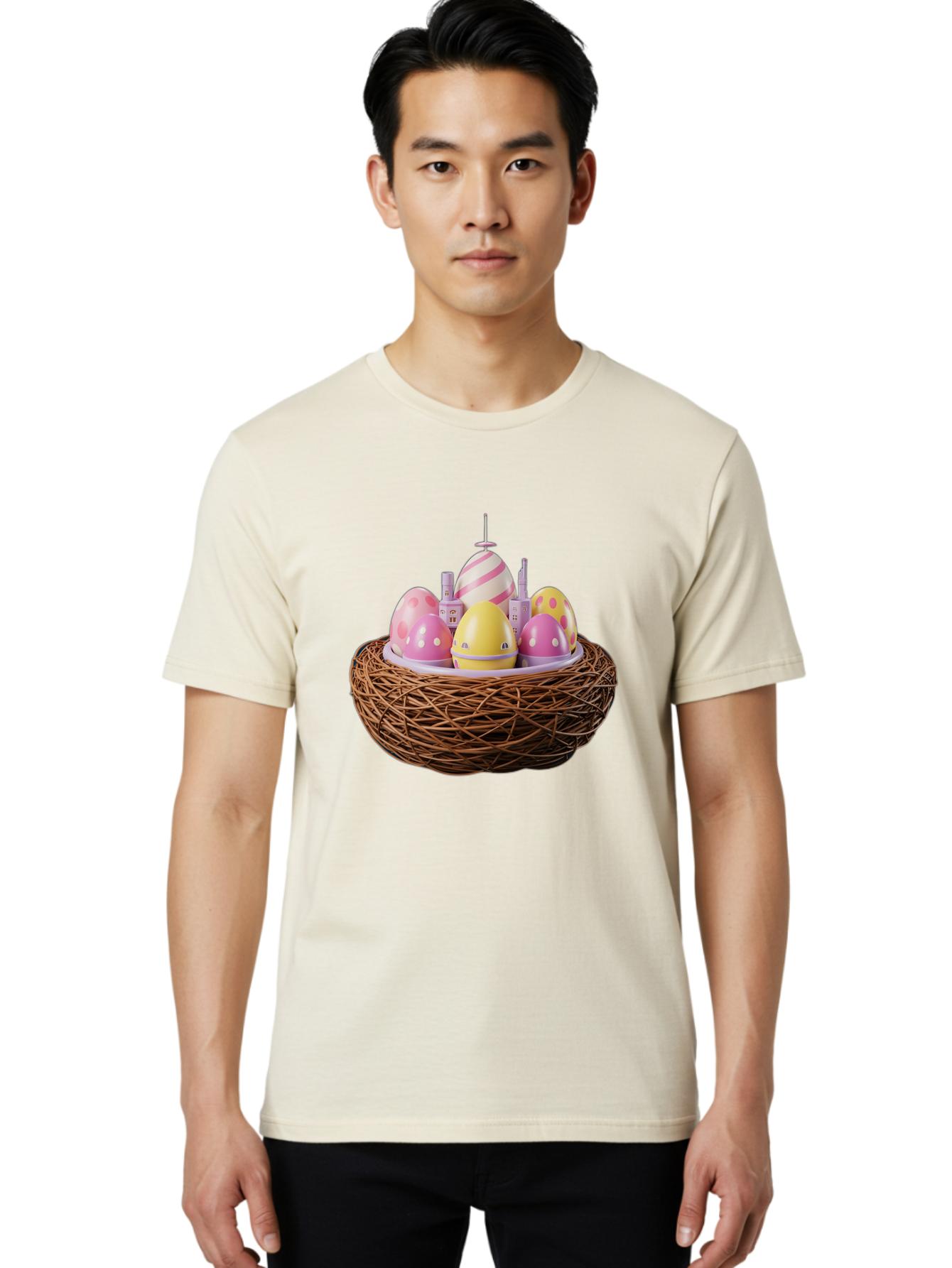 Easter-Eggs-In-Nest-3 Men'S Graphic Tee, 100% Cotton, Comfortable Casual Summer Wear, Machine Washable, Easter Eggs, Pastel Colors, Polka Dots, Stripes, Easter Holiday, Egg Hunt, Springtime, Wicker Nest, Festive Decorations, Creative Designs Baa619