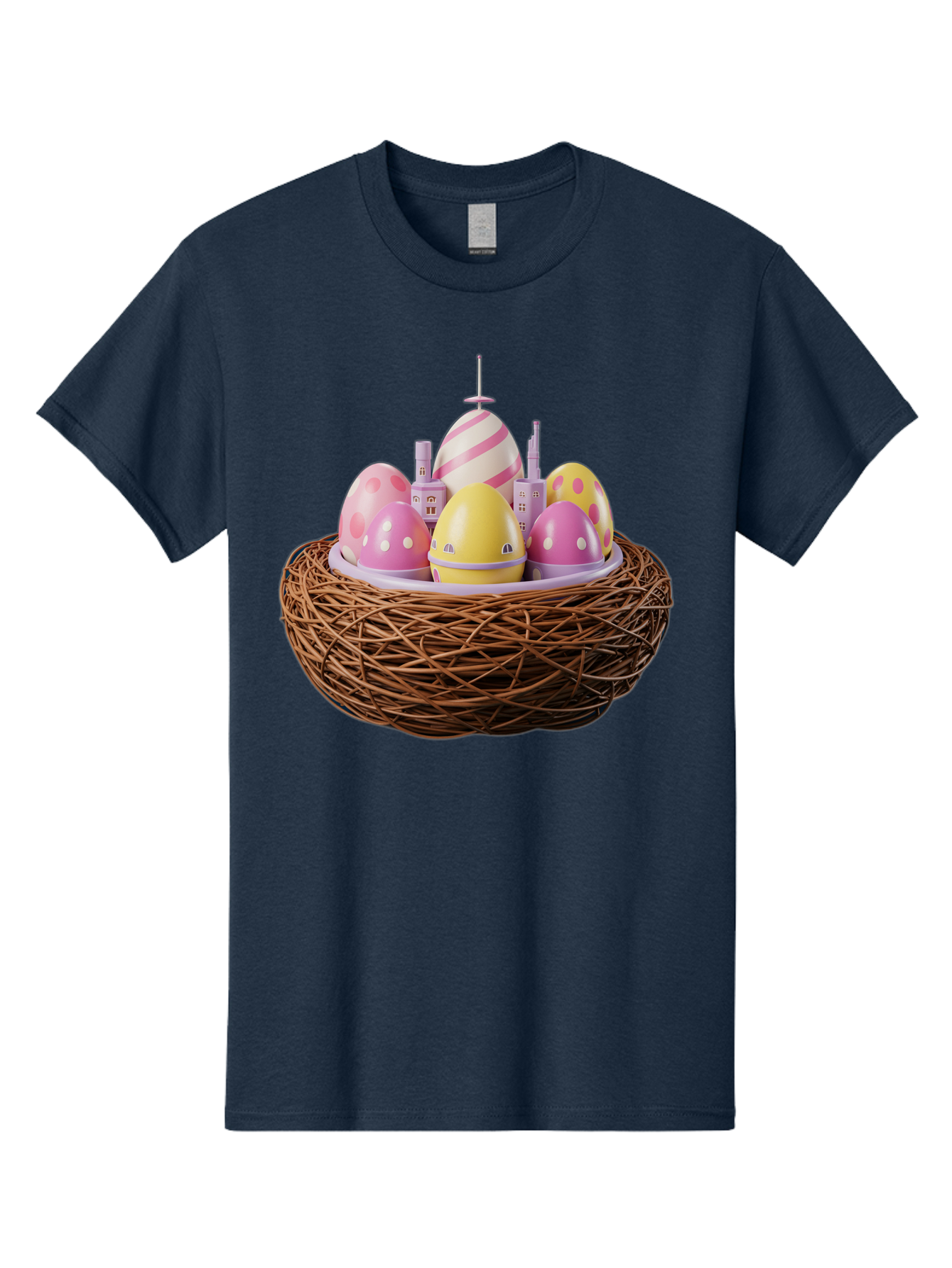 Easter-Eggs-In-Nest-3 Men'S Graphic Tee, 100% Cotton, Comfortable Casual Summer Wear, Machine Washable, Easter Eggs, Pastel Colors, Polka Dots, Stripes, Easter Holiday, Egg Hunt, Springtime, Wicker Nest, Festive Decorations, Creative Designs Baa619