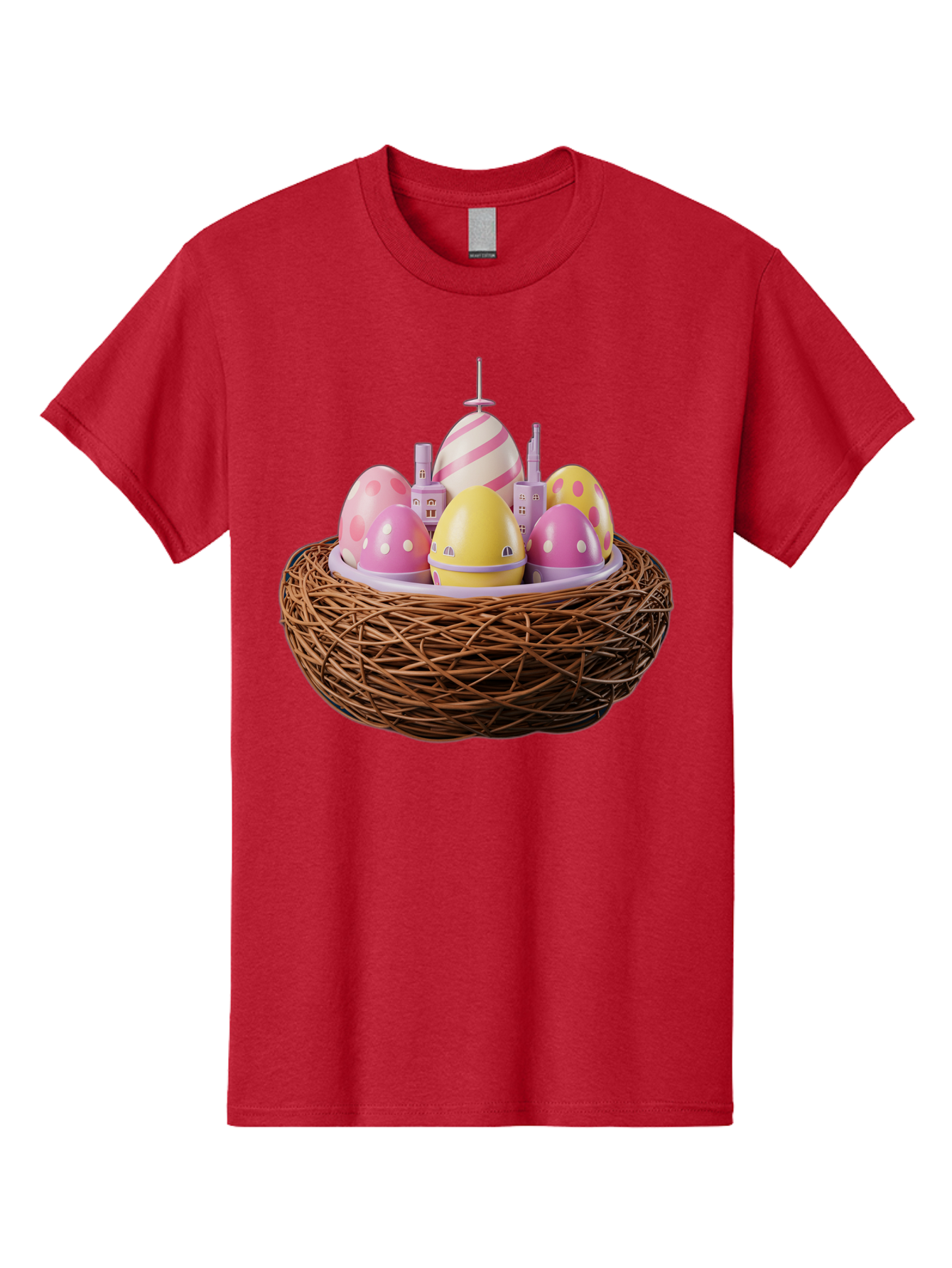 Easter-Eggs-In-Nest-3 Men'S Graphic Tee, 100% Cotton, Comfortable Casual Summer Wear, Machine Washable, Easter Eggs, Pastel Colors, Polka Dots, Stripes, Easter Holiday, Egg Hunt, Springtime, Wicker Nest, Festive Decorations, Creative Designs Baa619