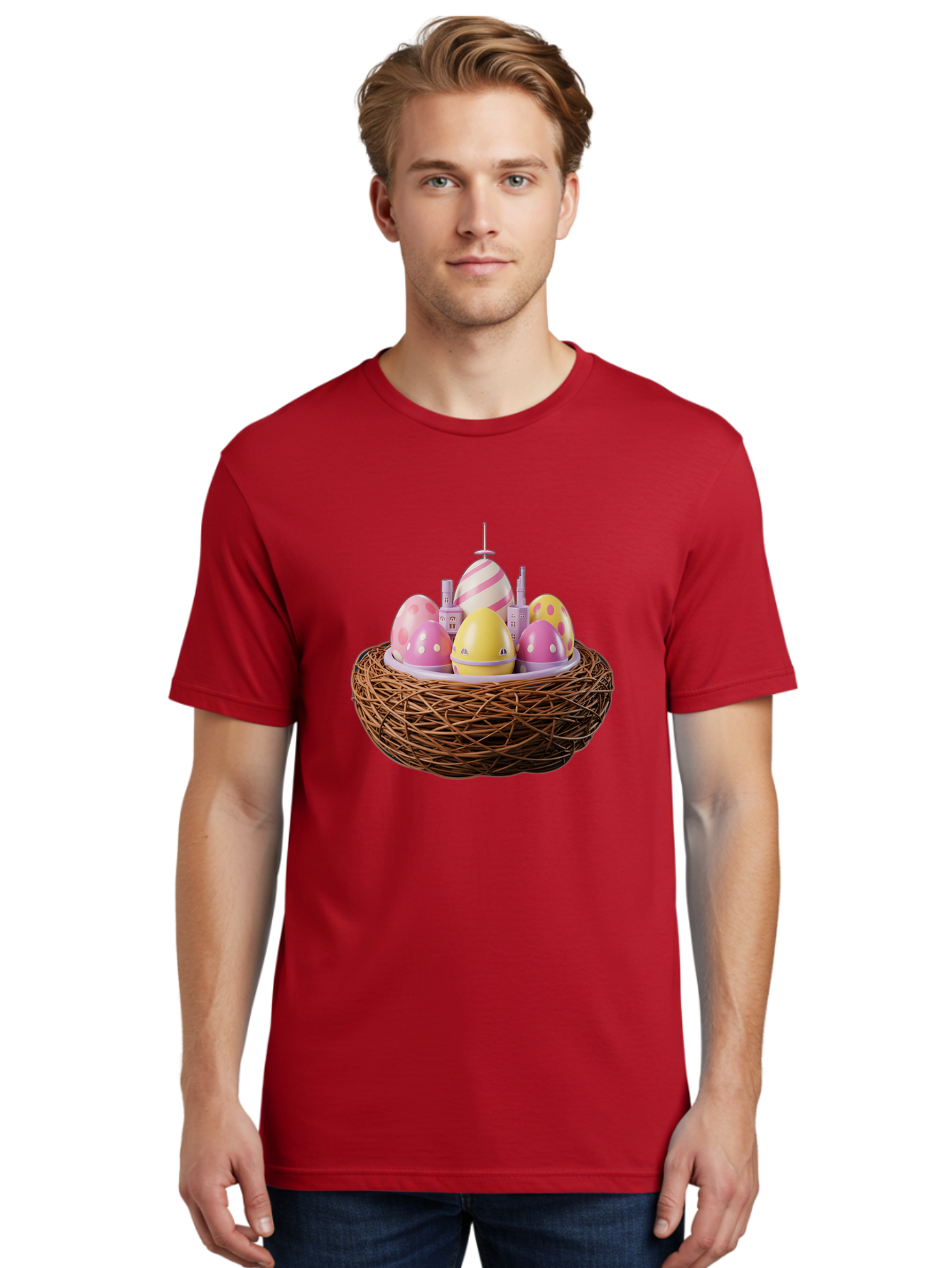 Easter-Eggs-In-Nest-3 Men'S Graphic Tee, 100% Cotton, Comfortable Casual Summer Wear, Machine Washable, Easter Eggs, Pastel Colors, Polka Dots, Stripes, Easter Holiday, Egg Hunt, Springtime, Wicker Nest, Festive Decorations, Creative Designs Baa619