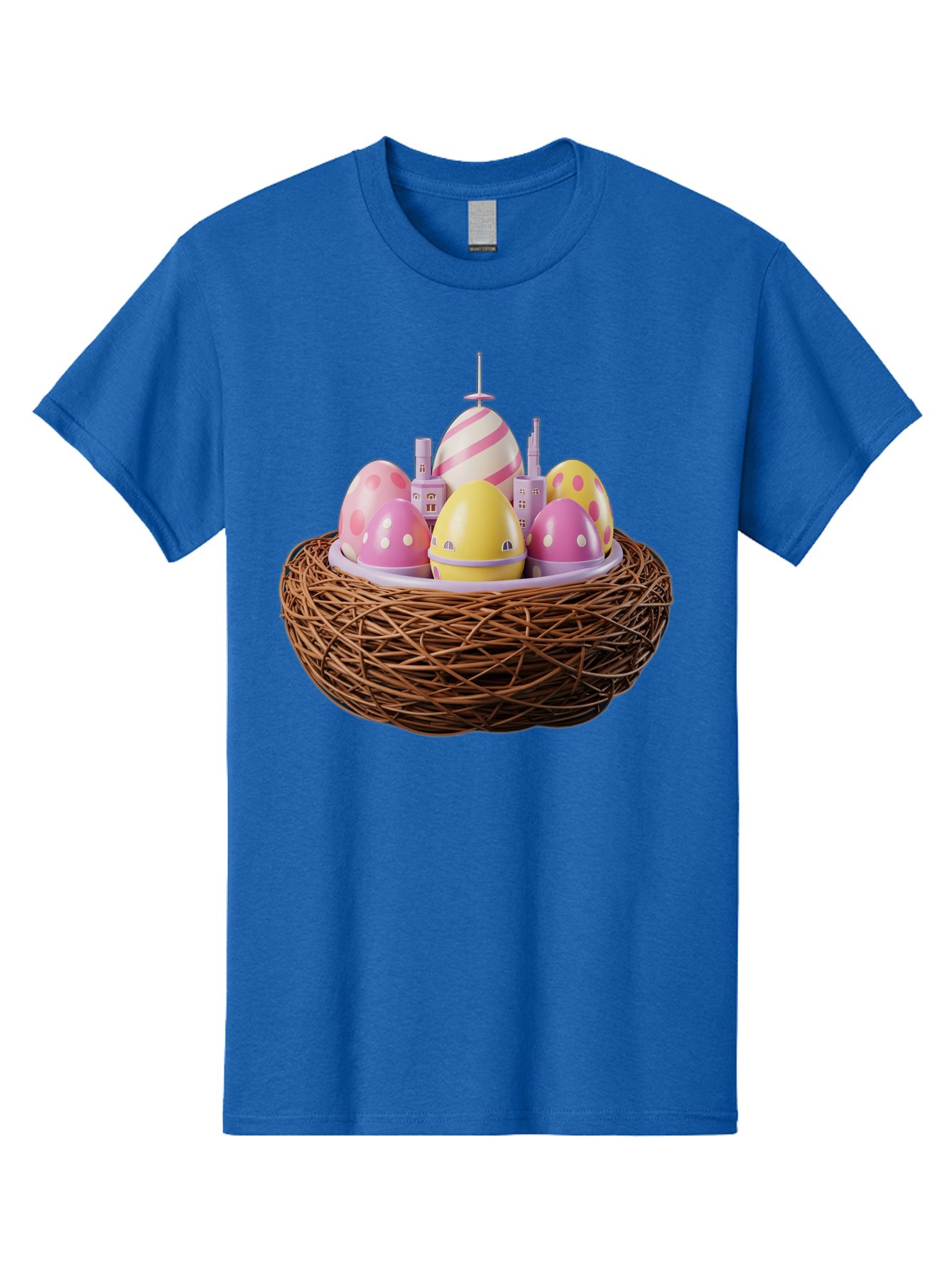 Easter-Eggs-In-Nest-3 Men'S Graphic Tee, 100% Cotton, Comfortable Casual Summer Wear, Machine Washable, Easter Eggs, Pastel Colors, Polka Dots, Stripes, Easter Holiday, Egg Hunt, Springtime, Wicker Nest, Festive Decorations, Creative Designs Baa619