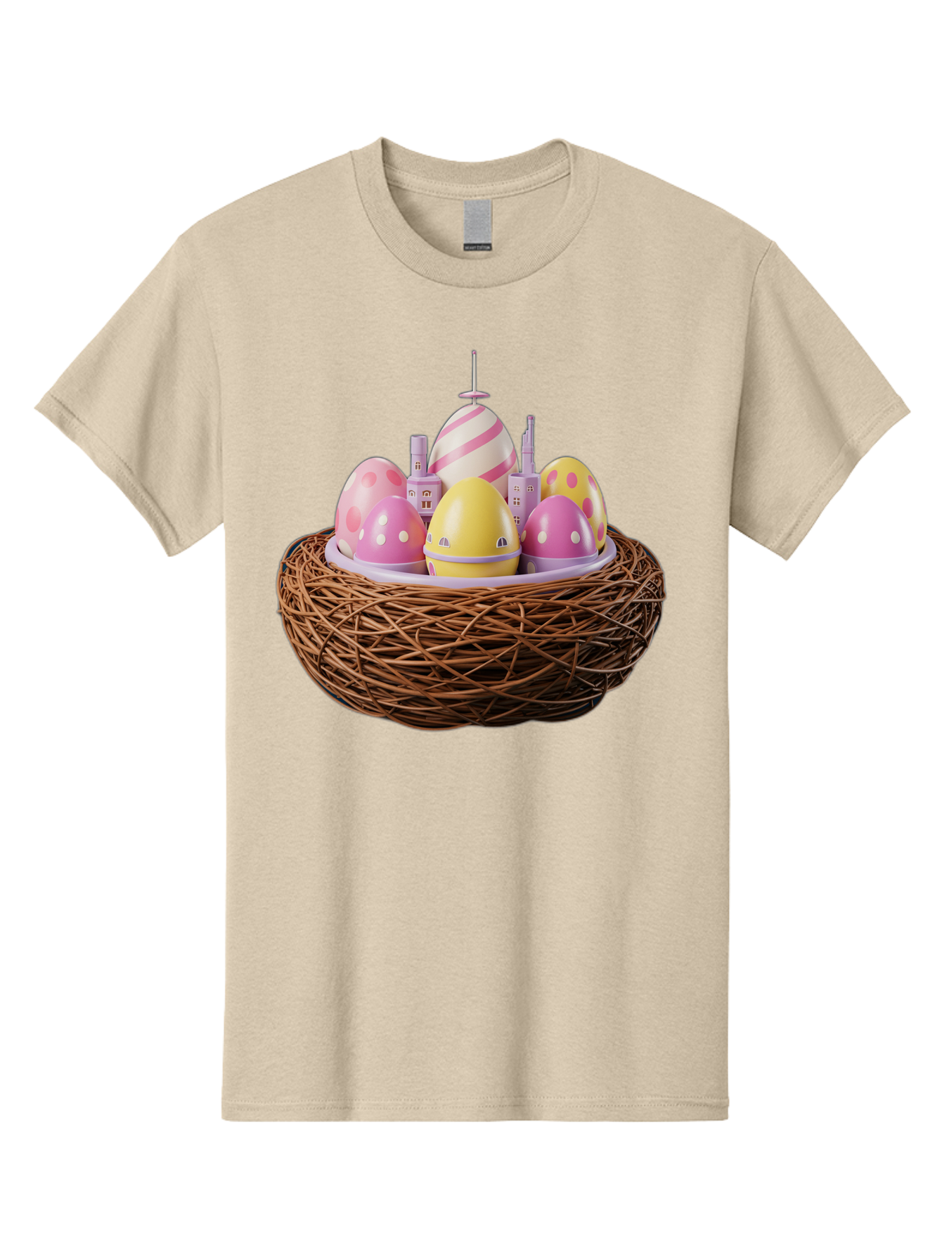 Easter-Eggs-In-Nest-3 Men'S Graphic Tee, 100% Cotton, Comfortable Casual Summer Wear, Machine Washable, Easter Eggs, Pastel Colors, Polka Dots, Stripes, Easter Holiday, Egg Hunt, Springtime, Wicker Nest, Festive Decorations, Creative Designs Baa619