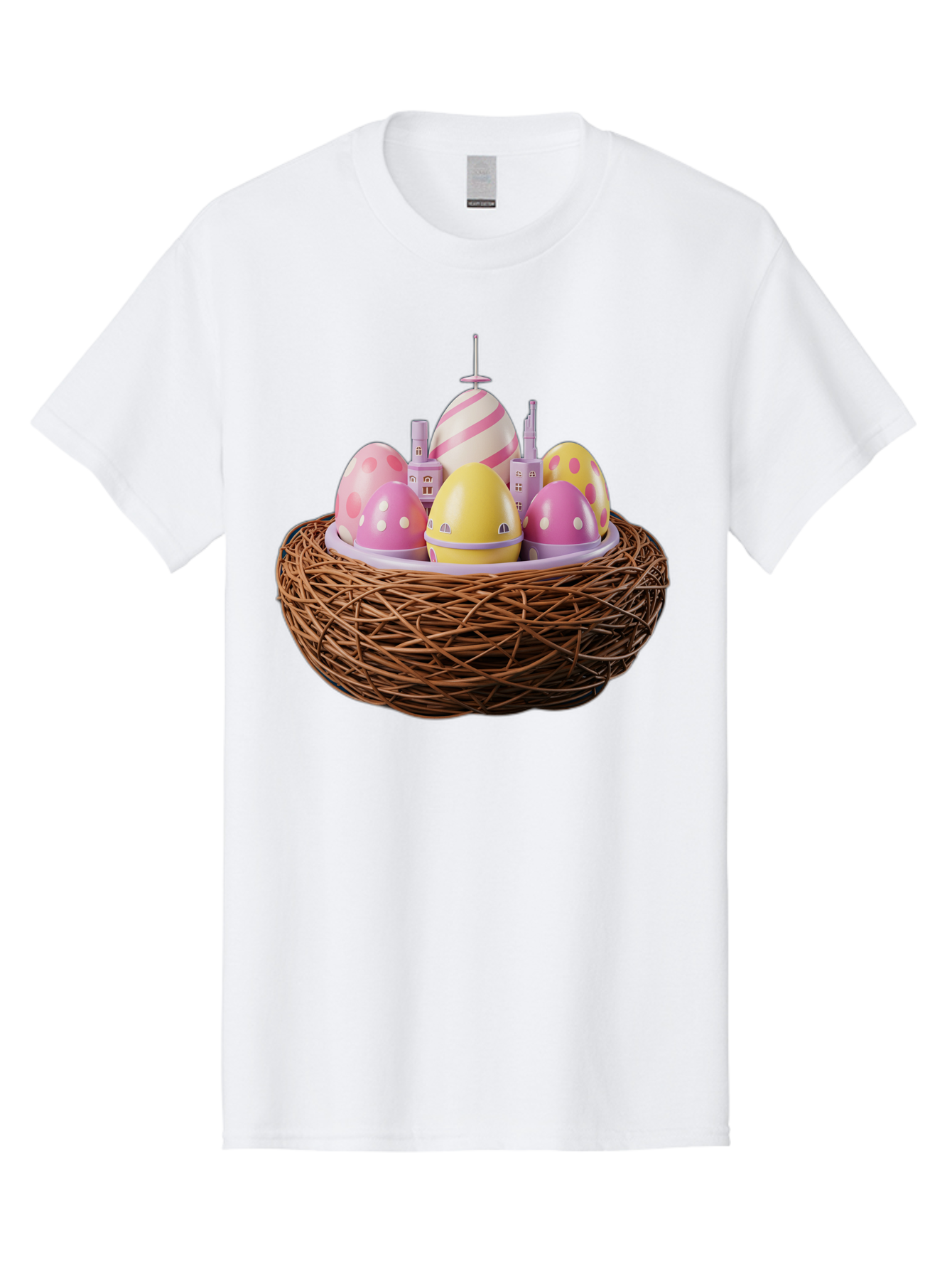 Easter-Eggs-In-Nest-3 Men'S Graphic Tee, 100% Cotton, Comfortable Casual Summer Wear, Machine Washable, Easter Eggs, Pastel Colors, Polka Dots, Stripes, Easter Holiday, Egg Hunt, Springtime, Wicker Nest, Festive Decorations, Creative Designs Baa619