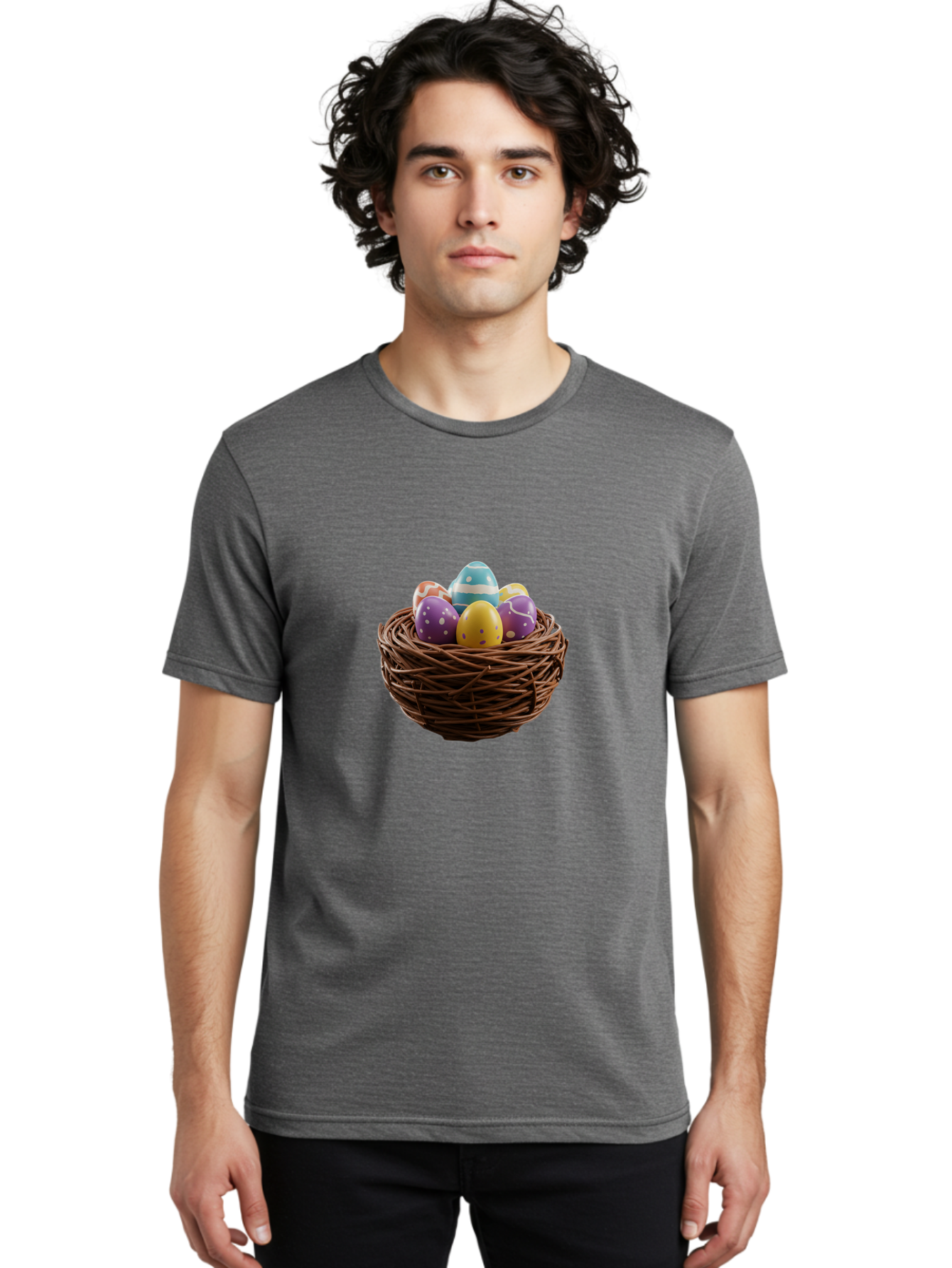 Easter-Eggs-In-Nest Men'S Graphic Tee, 100% Cotton, Comfortable Casual Summer Wear, Machine Washable, Colorful Easter Eggs, Decorated Eggs, Nest With Eggs, Easter Nest, Springtime Eggs, Easter Decoration, Vibrant Eggs, Festive Eggs, Baa620