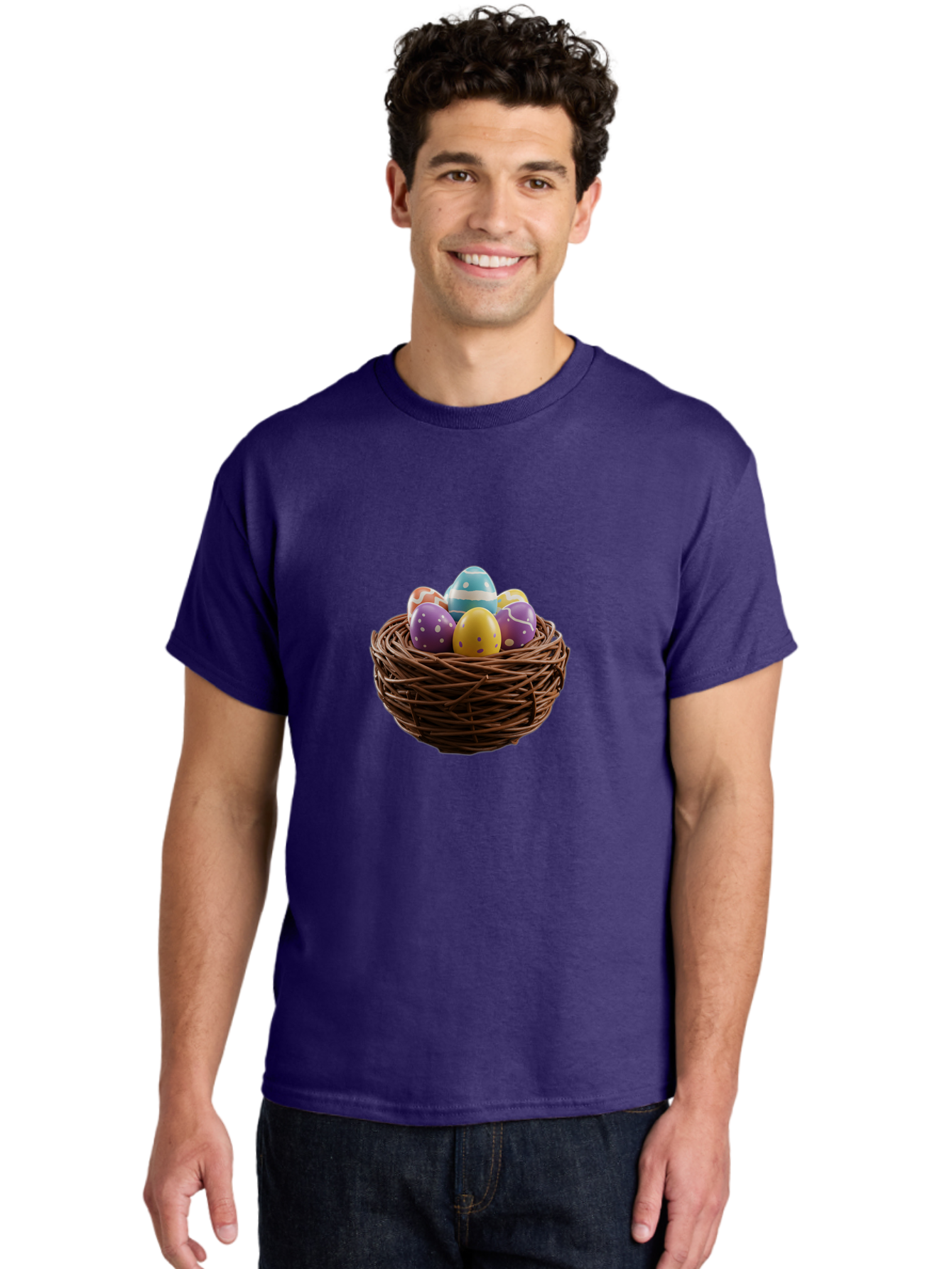 Easter-Eggs-In-Nest Men'S Graphic Tee, 100% Cotton, Comfortable Casual Summer Wear, Machine Washable, Colorful Easter Eggs, Decorated Eggs, Nest With Eggs, Easter Nest, Springtime Eggs, Easter Decoration, Vibrant Eggs, Festive Eggs, Baa620