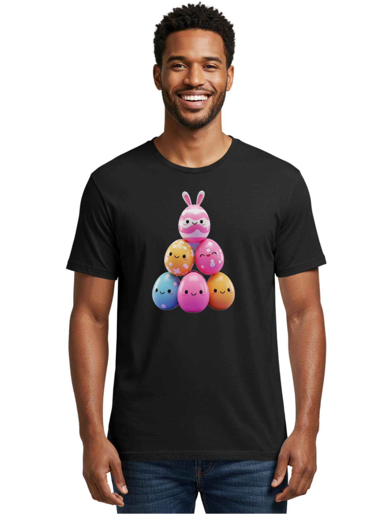 Easter-Eggs-Pyramid Men'S Graphic Tee, 100% Cotton, Comfortable Casual Summer Wear, Machine Washable, Easter Eggs, Colorful Eggs, Cute Eggs, Easter Bunny, Happy Face, Pastel Colors, Polka Dot Eggs, Easter Decoration, Spring Theme, Festive Eggs Baa622
