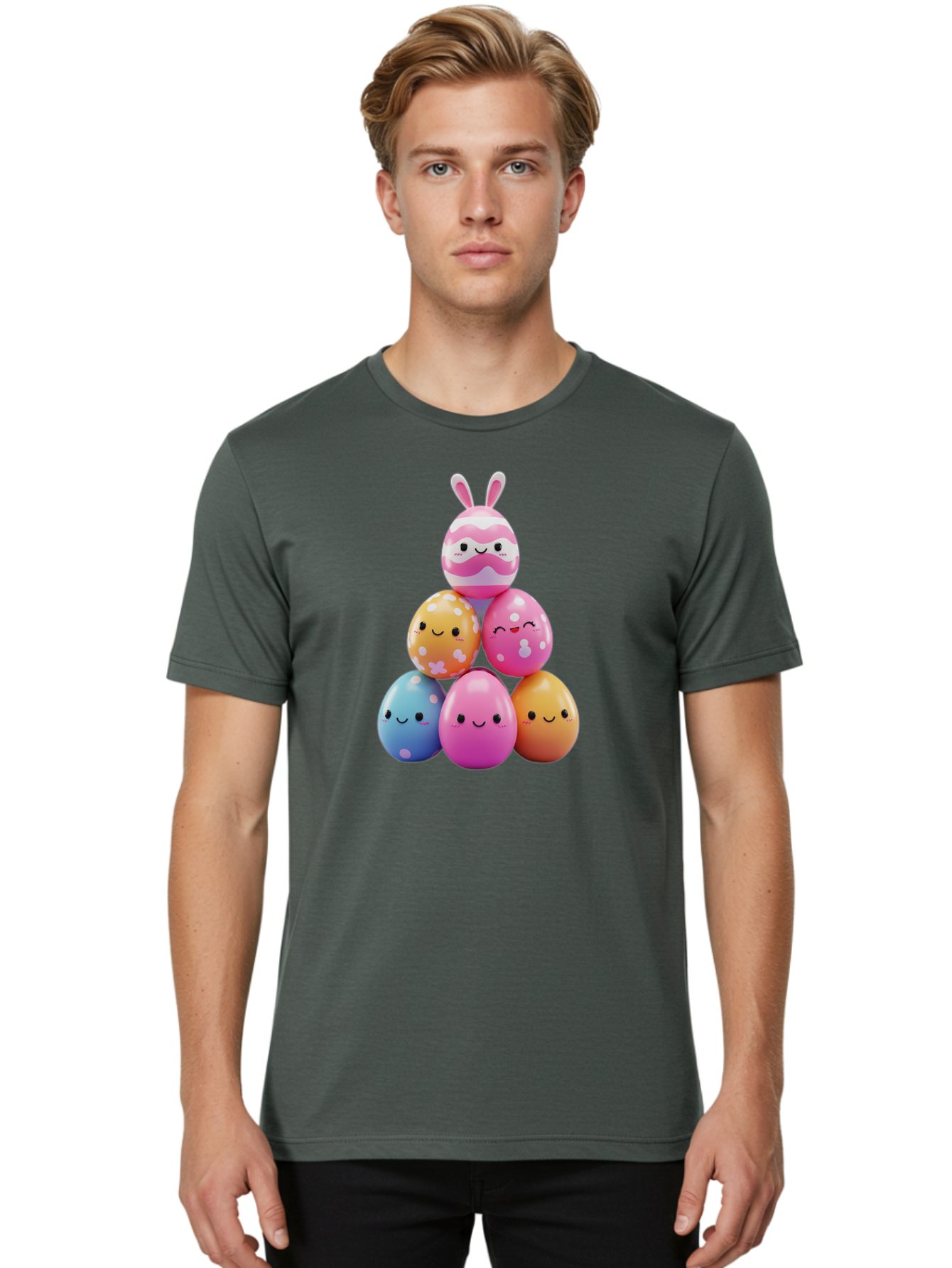 Easter-Eggs-Pyramid Men'S Graphic Tee, 100% Cotton, Comfortable Casual Summer Wear, Machine Washable, Easter Eggs, Colorful Eggs, Cute Eggs, Easter Bunny, Happy Face, Pastel Colors, Polka Dot Eggs, Easter Decoration, Spring Theme, Festive Eggs Baa622