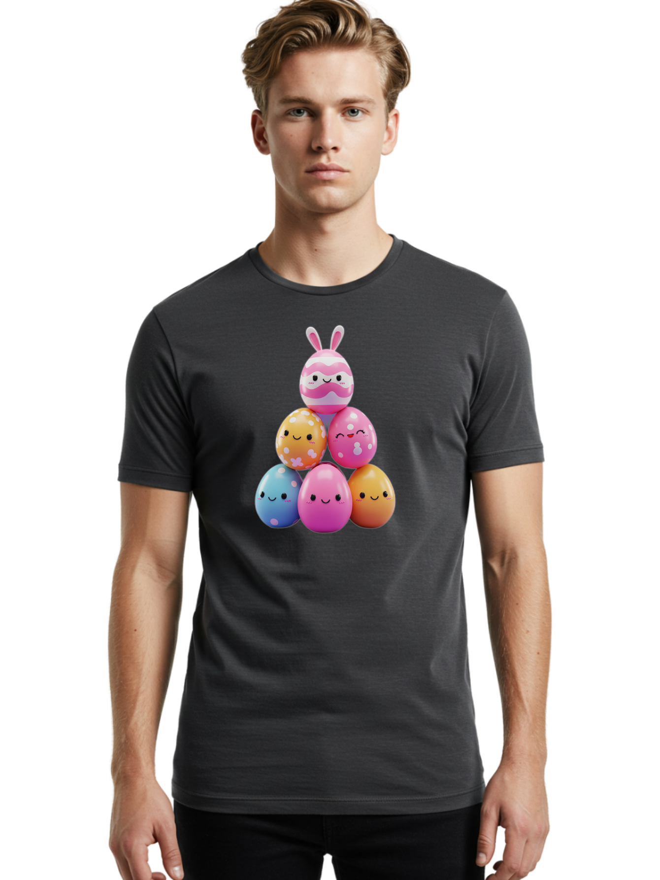 Easter-Eggs-Pyramid Men'S Graphic Tee, 100% Cotton, Comfortable Casual Summer Wear, Machine Washable, Easter Eggs, Colorful Eggs, Cute Eggs, Easter Bunny, Happy Face, Pastel Colors, Polka Dot Eggs, Easter Decoration, Spring Theme, Festive Eggs Baa622