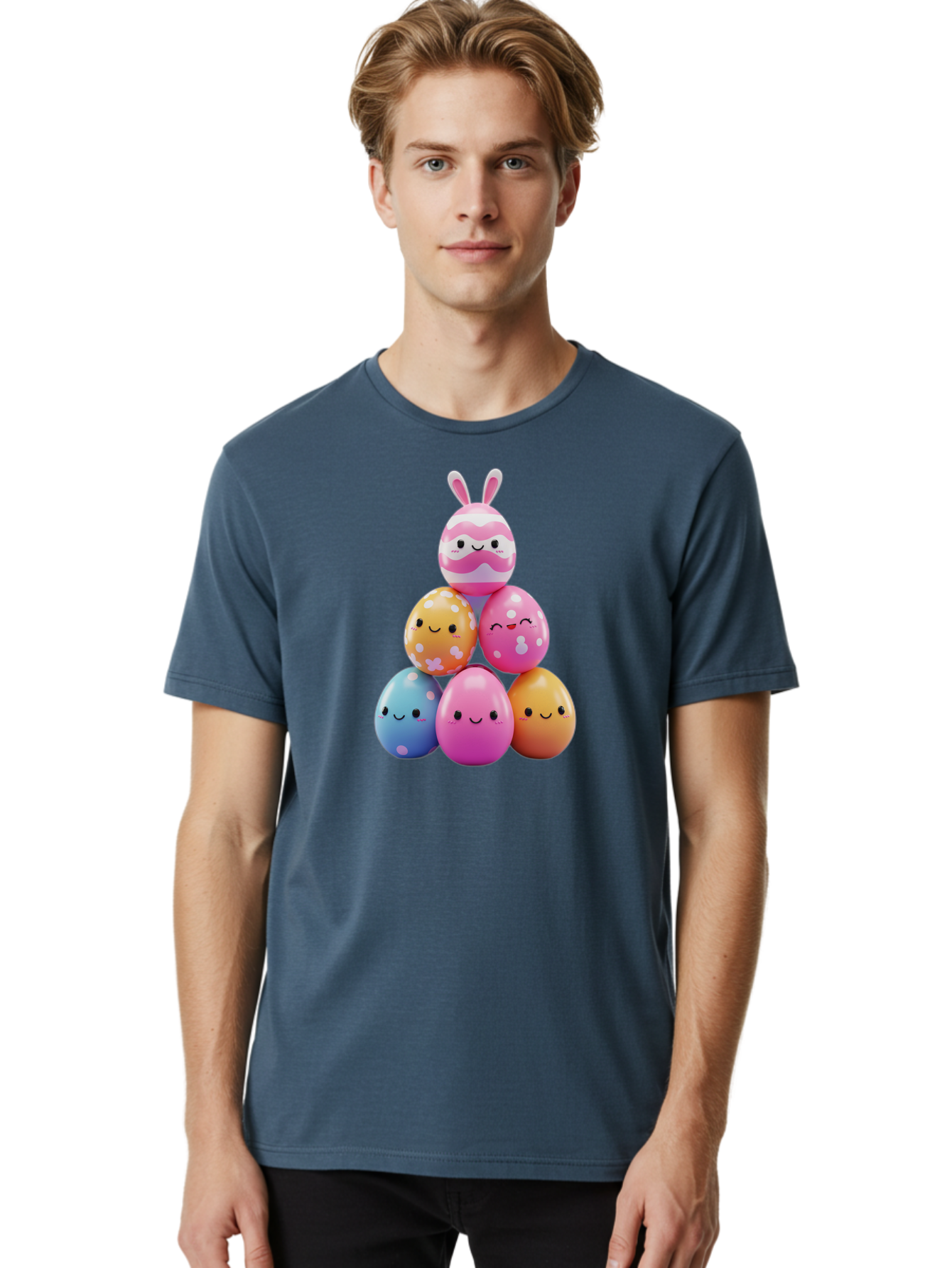 Easter-Eggs-Pyramid Men'S Graphic Tee, 100% Cotton, Comfortable Casual Summer Wear, Machine Washable, Easter Eggs, Colorful Eggs, Cute Eggs, Easter Bunny, Happy Face, Pastel Colors, Polka Dot Eggs, Easter Decoration, Spring Theme, Festive Eggs Baa622