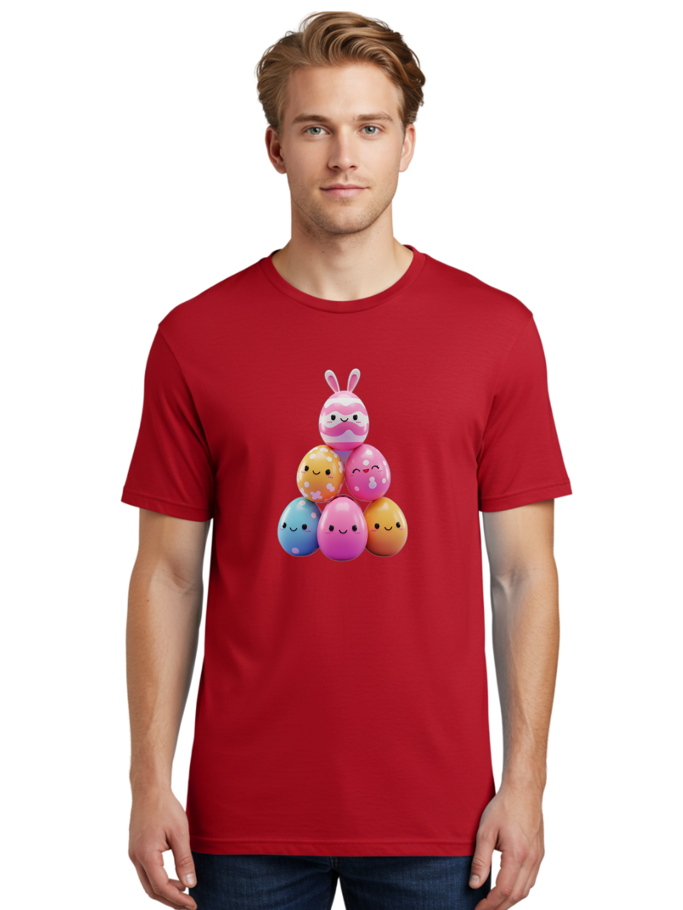 Easter-Eggs-Pyramid Men'S Graphic Tee, 100% Cotton, Comfortable Casual Summer Wear, Machine Washable, Easter Eggs, Colorful Eggs, Cute Eggs, Easter Bunny, Happy Face, Pastel Colors, Polka Dot Eggs, Easter Decoration, Spring Theme, Festive Eggs Baa622