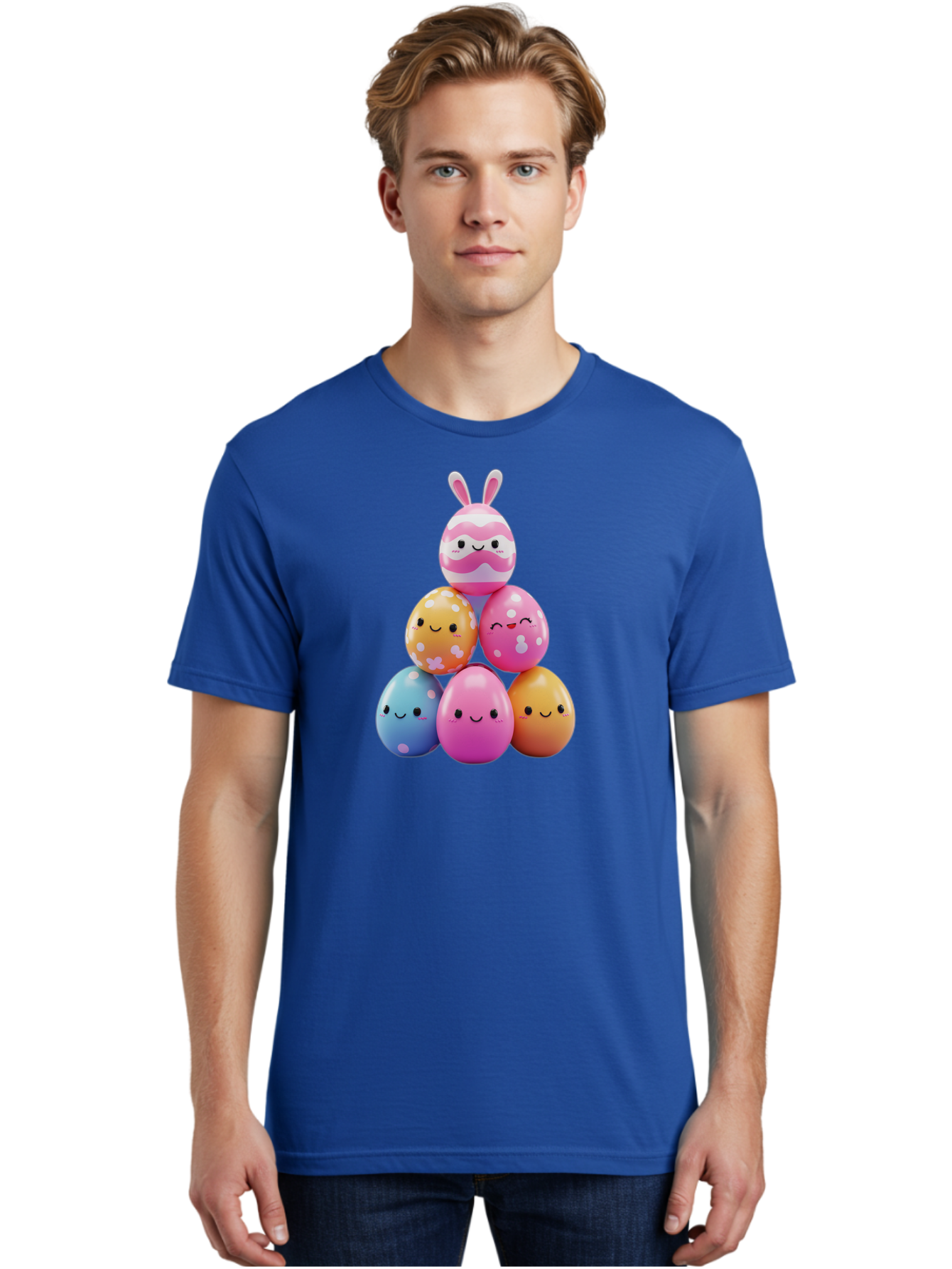 Easter-Eggs-Pyramid Men'S Graphic Tee, 100% Cotton, Comfortable Casual Summer Wear, Machine Washable, Easter Eggs, Colorful Eggs, Cute Eggs, Easter Bunny, Happy Face, Pastel Colors, Polka Dot Eggs, Easter Decoration, Spring Theme, Festive Eggs Baa622
