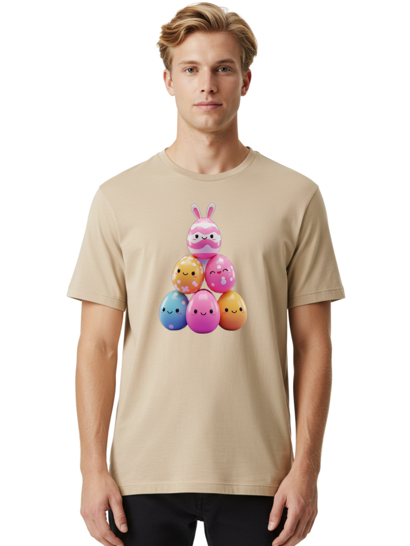 Easter-Eggs-Pyramid Men'S Graphic Tee, 100% Cotton, Comfortable Casual Summer Wear, Machine Washable, Easter Eggs, Colorful Eggs, Cute Eggs, Easter Bunny, Happy Face, Pastel Colors, Polka Dot Eggs, Easter Decoration, Spring Theme, Festive Eggs Baa622