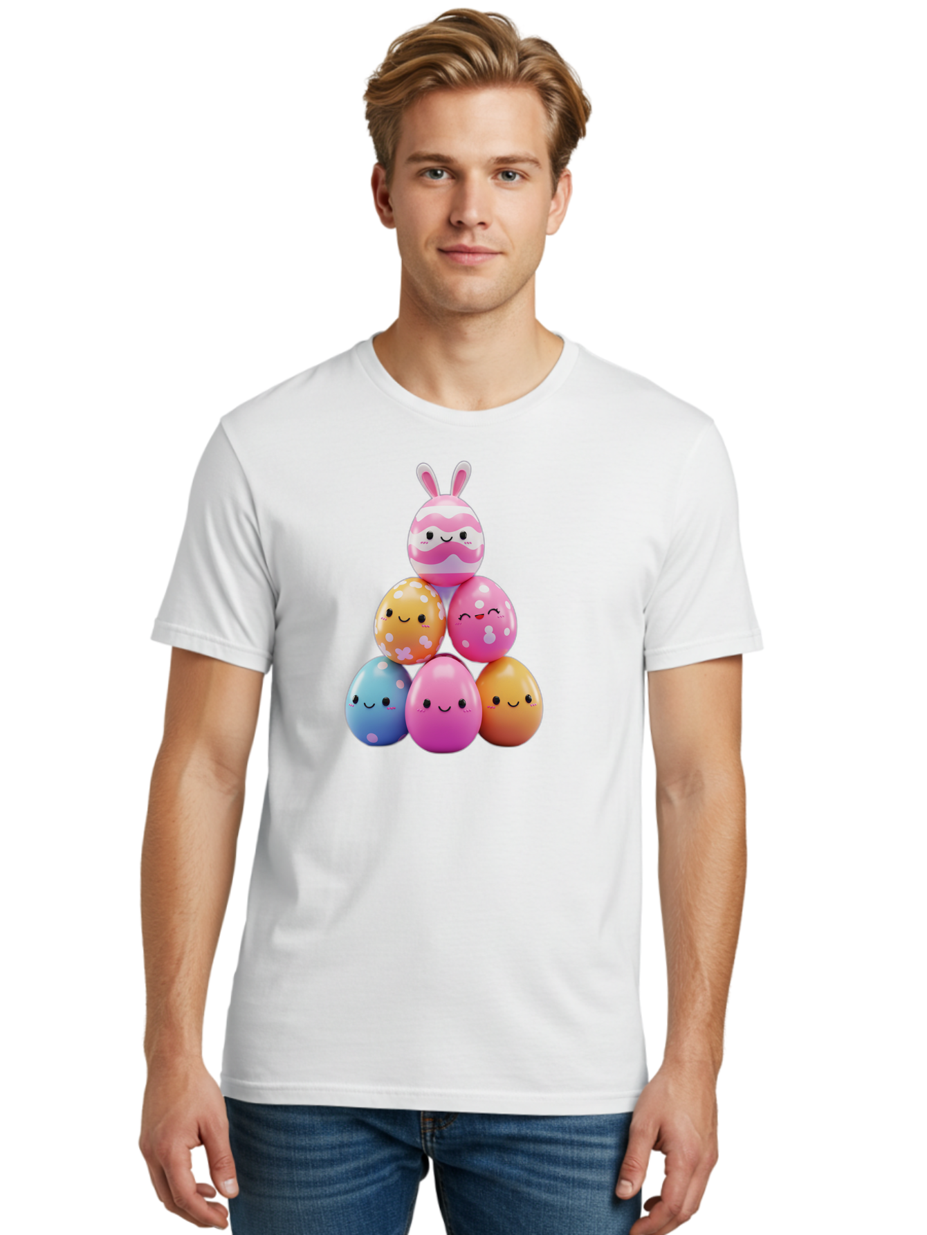 Easter-Eggs-Pyramid Men'S Graphic Tee, 100% Cotton, Comfortable Casual Summer Wear, Machine Washable, Easter Eggs, Colorful Eggs, Cute Eggs, Easter Bunny, Happy Face, Pastel Colors, Polka Dot Eggs, Easter Decoration, Spring Theme, Festive Eggs Baa622