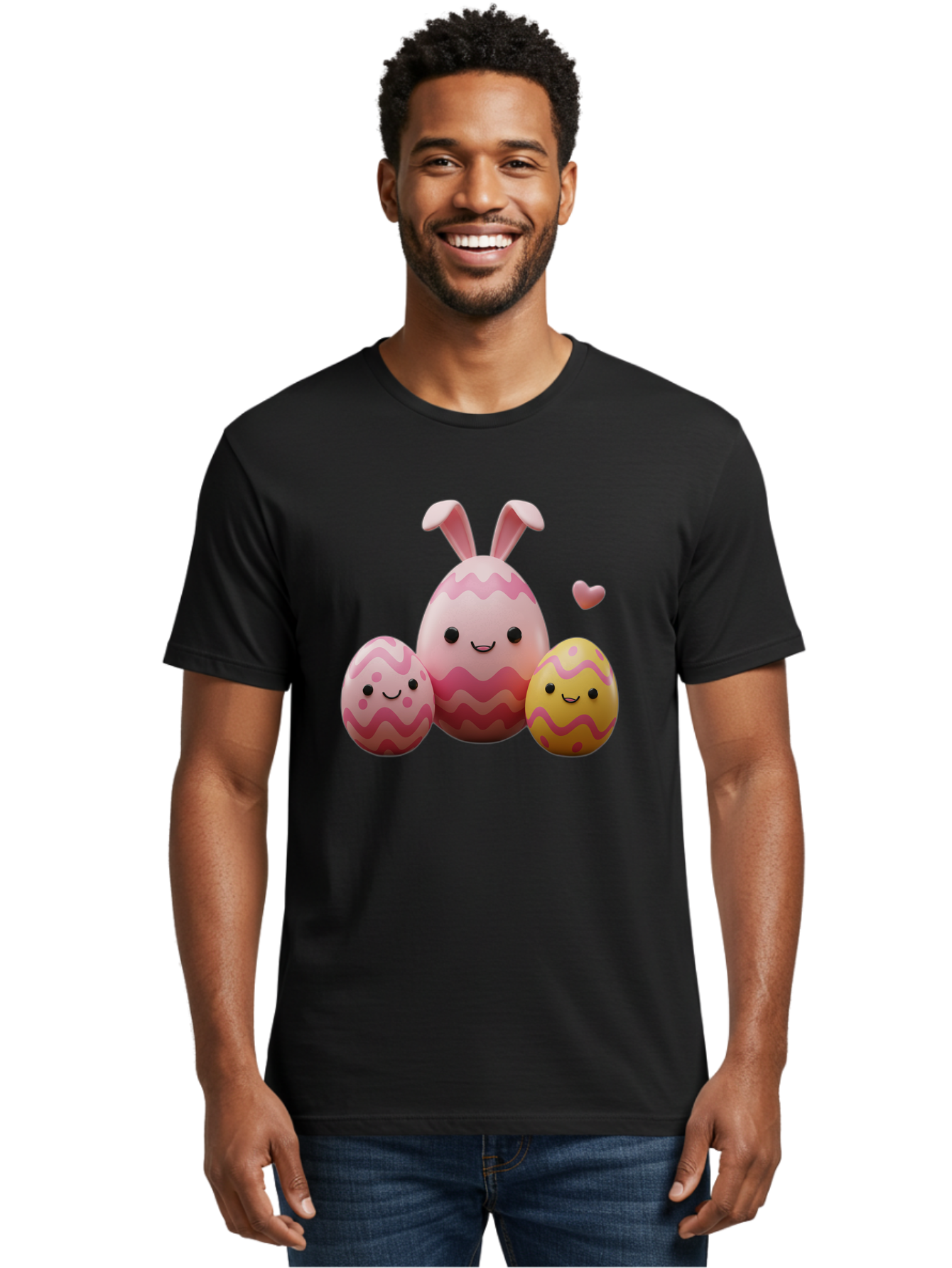 Easter-Eggs-With-Bunny-Ears-1 Men'S Graphic Tee, 100% Cotton, Comfortable Casual Summer Wear, Machine Washable, Easter Eggs, Cartoon Eggs, Happy Easter, Easter Bunny, Pink Eggs, Yellow Eggs, Cute Eggs, Smiling Faces, Pink Hearts, Baa623