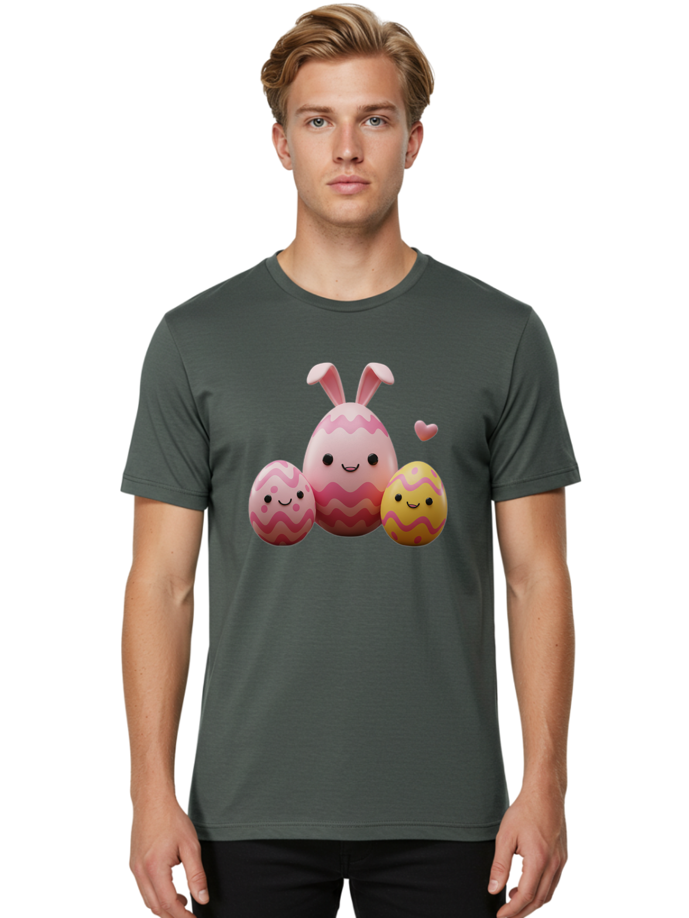 Easter-Eggs-With-Bunny-Ears-1 Men'S Graphic Tee, 100% Cotton, Comfortable Casual Summer Wear, Machine Washable, Easter Eggs, Cartoon Eggs, Happy Easter, Easter Bunny, Pink Eggs, Yellow Eggs, Cute Eggs, Smiling Faces, Pink Hearts, Baa623
