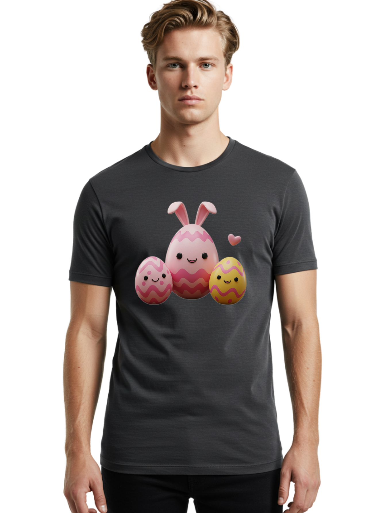 Easter-Eggs-With-Bunny-Ears-1 Men'S Graphic Tee, 100% Cotton, Comfortable Casual Summer Wear, Machine Washable, Easter Eggs, Cartoon Eggs, Happy Easter, Easter Bunny, Pink Eggs, Yellow Eggs, Cute Eggs, Smiling Faces, Pink Hearts, Baa623