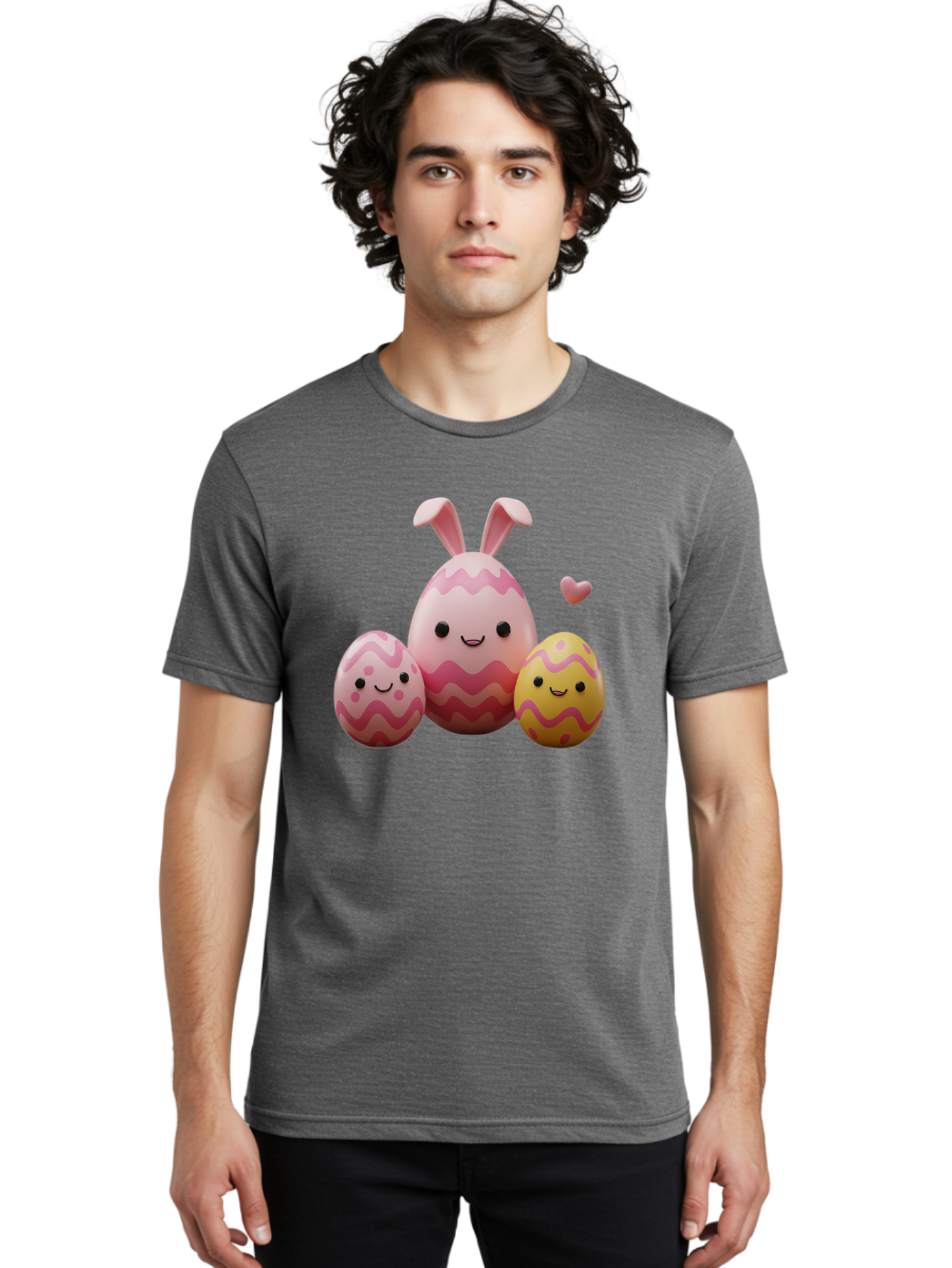 Easter-Eggs-With-Bunny-Ears-1 Men'S Graphic Tee, 100% Cotton, Comfortable Casual Summer Wear, Machine Washable, Easter Eggs, Cartoon Eggs, Happy Easter, Easter Bunny, Pink Eggs, Yellow Eggs, Cute Eggs, Smiling Faces, Pink Hearts, Baa623
