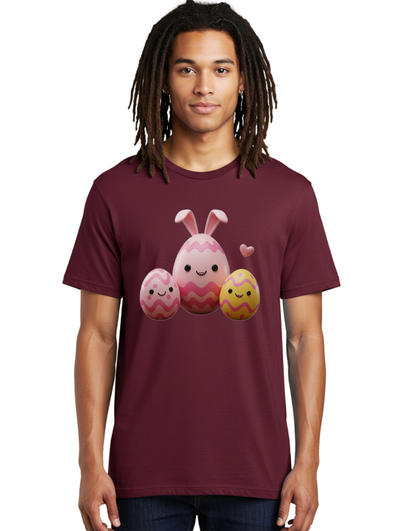 Easter-Eggs-With-Bunny-Ears-1 Men'S Graphic Tee, 100% Cotton, Comfortable Casual Summer Wear, Machine Washable, Easter Eggs, Cartoon Eggs, Happy Easter, Easter Bunny, Pink Eggs, Yellow Eggs, Cute Eggs, Smiling Faces, Pink Hearts, Baa623