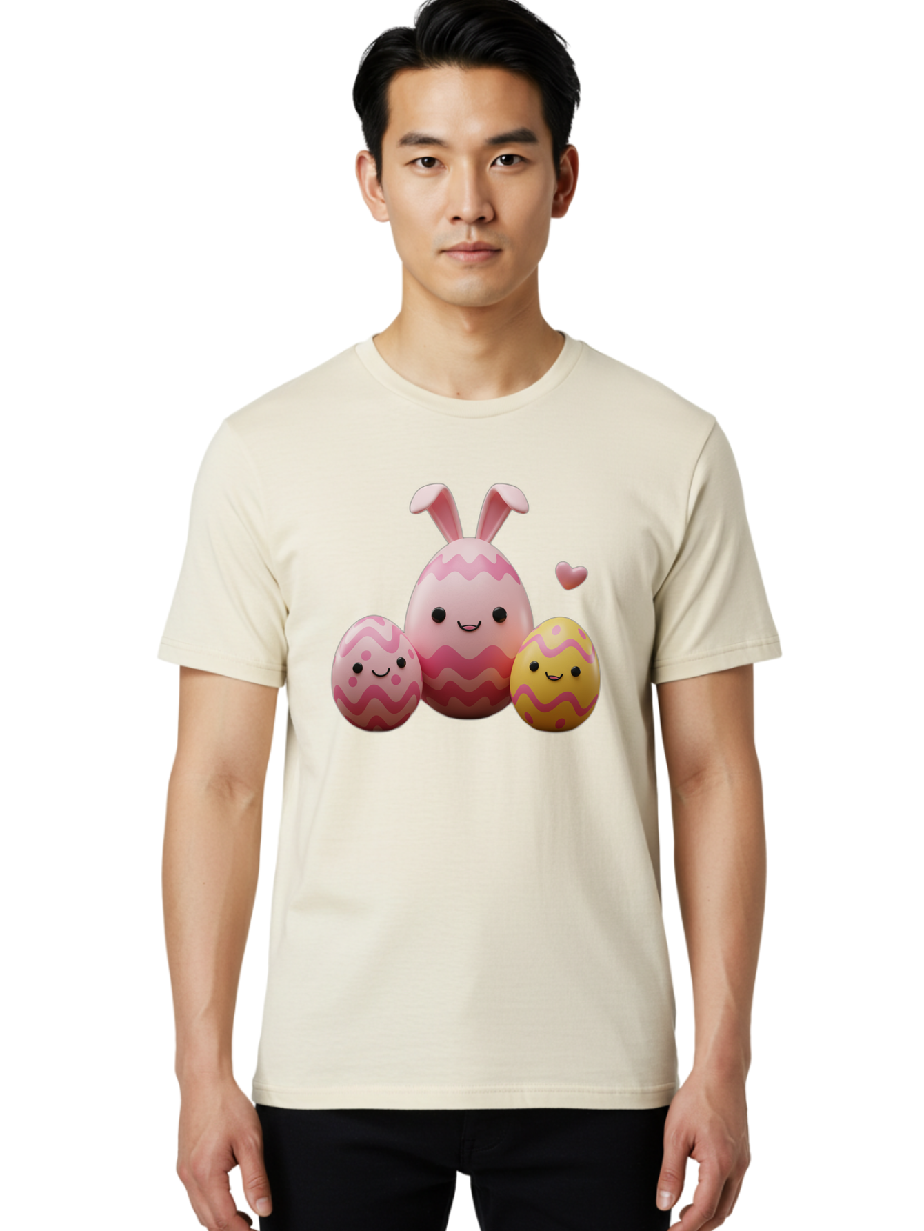 Easter-Eggs-With-Bunny-Ears-1 Men'S Graphic Tee, 100% Cotton, Comfortable Casual Summer Wear, Machine Washable, Easter Eggs, Cartoon Eggs, Happy Easter, Easter Bunny, Pink Eggs, Yellow Eggs, Cute Eggs, Smiling Faces, Pink Hearts, Baa623