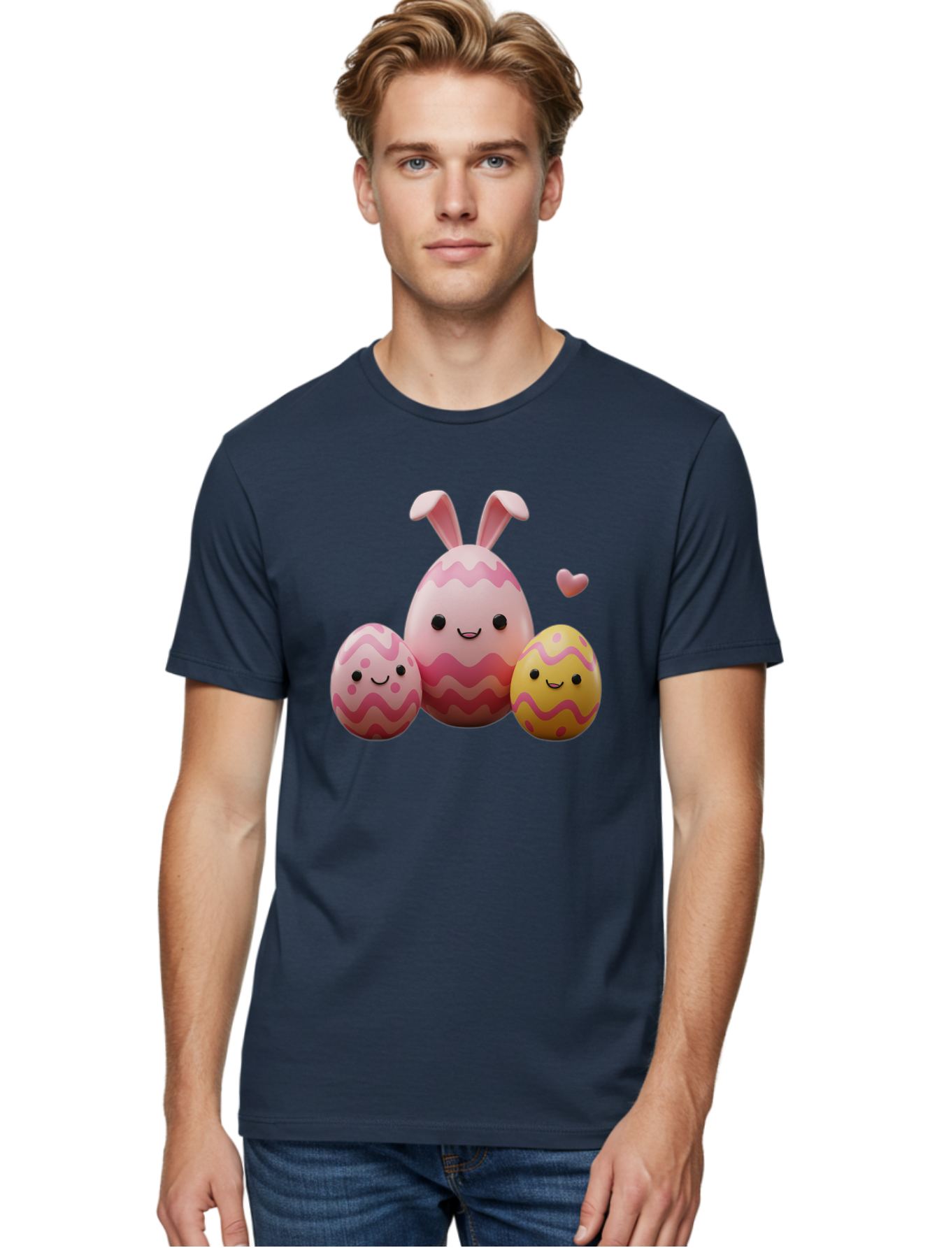 Easter-Eggs-With-Bunny-Ears-1 Men'S Graphic Tee, 100% Cotton, Comfortable Casual Summer Wear, Machine Washable, Easter Eggs, Cartoon Eggs, Happy Easter, Easter Bunny, Pink Eggs, Yellow Eggs, Cute Eggs, Smiling Faces, Pink Hearts, Baa623
