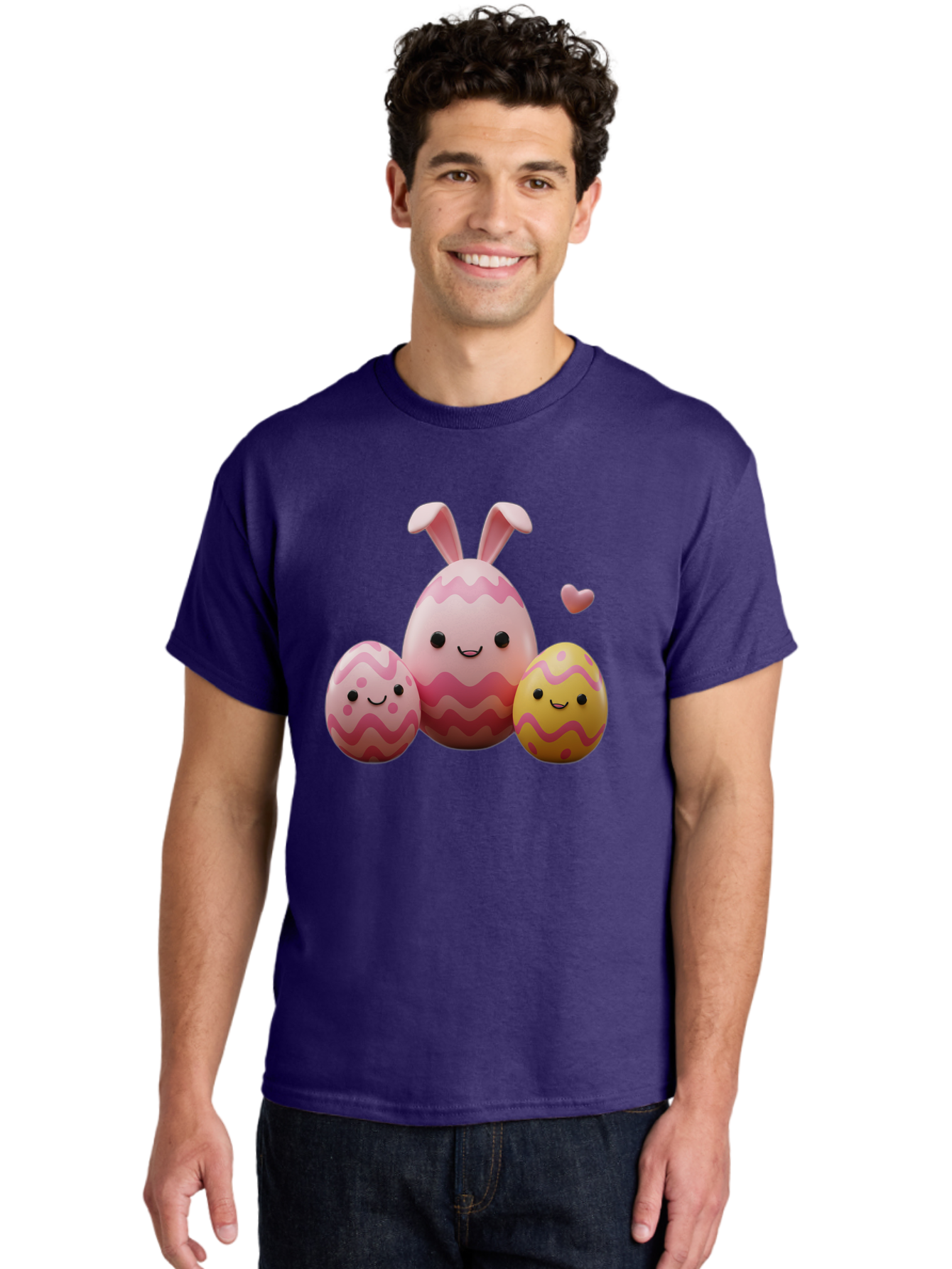 Easter-Eggs-With-Bunny-Ears-1 Men'S Graphic Tee, 100% Cotton, Comfortable Casual Summer Wear, Machine Washable, Easter Eggs, Cartoon Eggs, Happy Easter, Easter Bunny, Pink Eggs, Yellow Eggs, Cute Eggs, Smiling Faces, Pink Hearts, Baa623