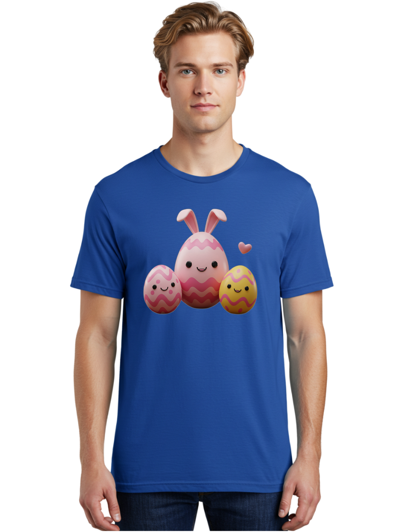 Easter-Eggs-With-Bunny-Ears-1 Men'S Graphic Tee, 100% Cotton, Comfortable Casual Summer Wear, Machine Washable, Easter Eggs, Cartoon Eggs, Happy Easter, Easter Bunny, Pink Eggs, Yellow Eggs, Cute Eggs, Smiling Faces, Pink Hearts, Baa623
