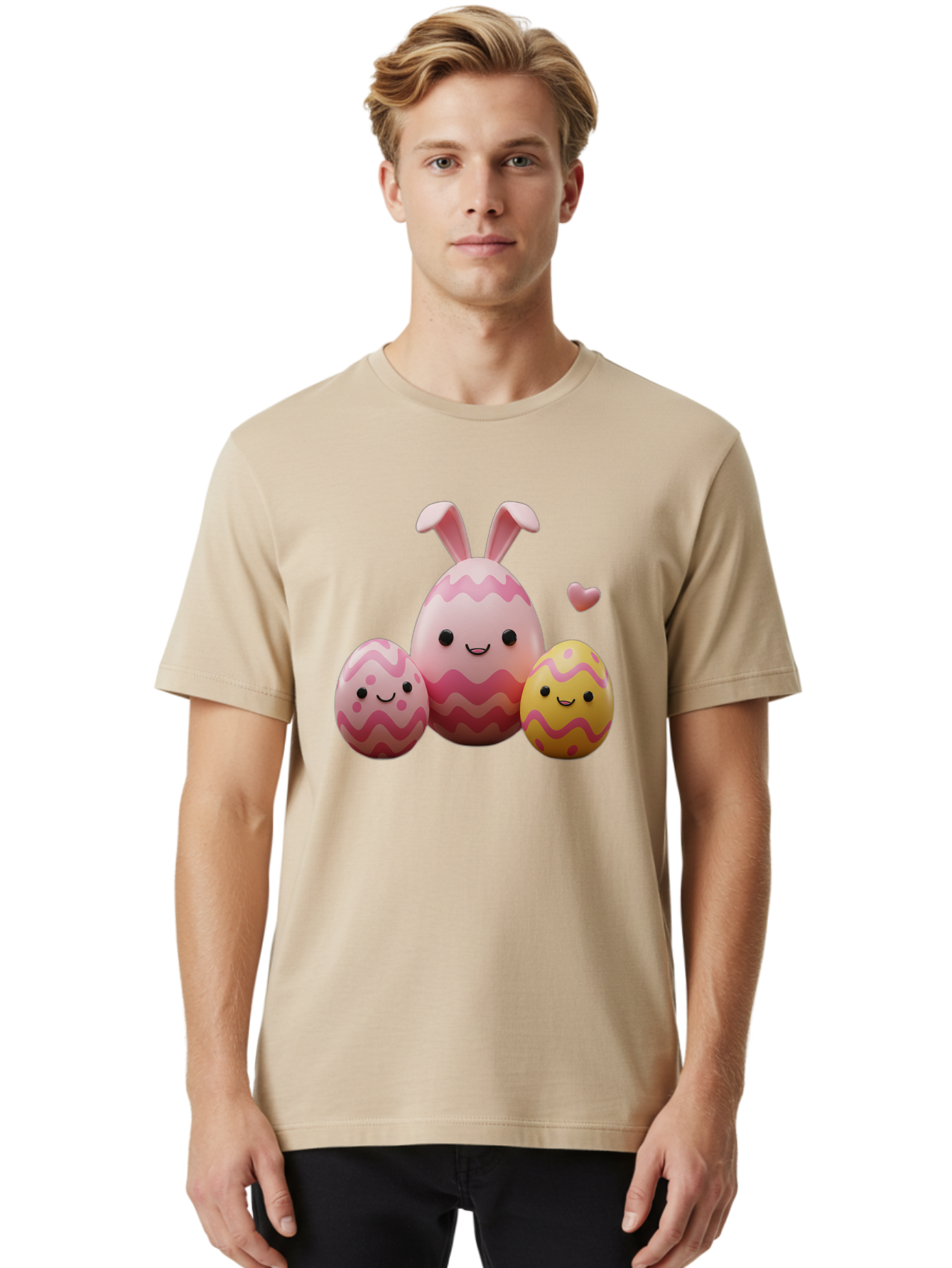Easter-Eggs-With-Bunny-Ears-1 Men'S Graphic Tee, 100% Cotton, Comfortable Casual Summer Wear, Machine Washable, Easter Eggs, Cartoon Eggs, Happy Easter, Easter Bunny, Pink Eggs, Yellow Eggs, Cute Eggs, Smiling Faces, Pink Hearts, Baa623