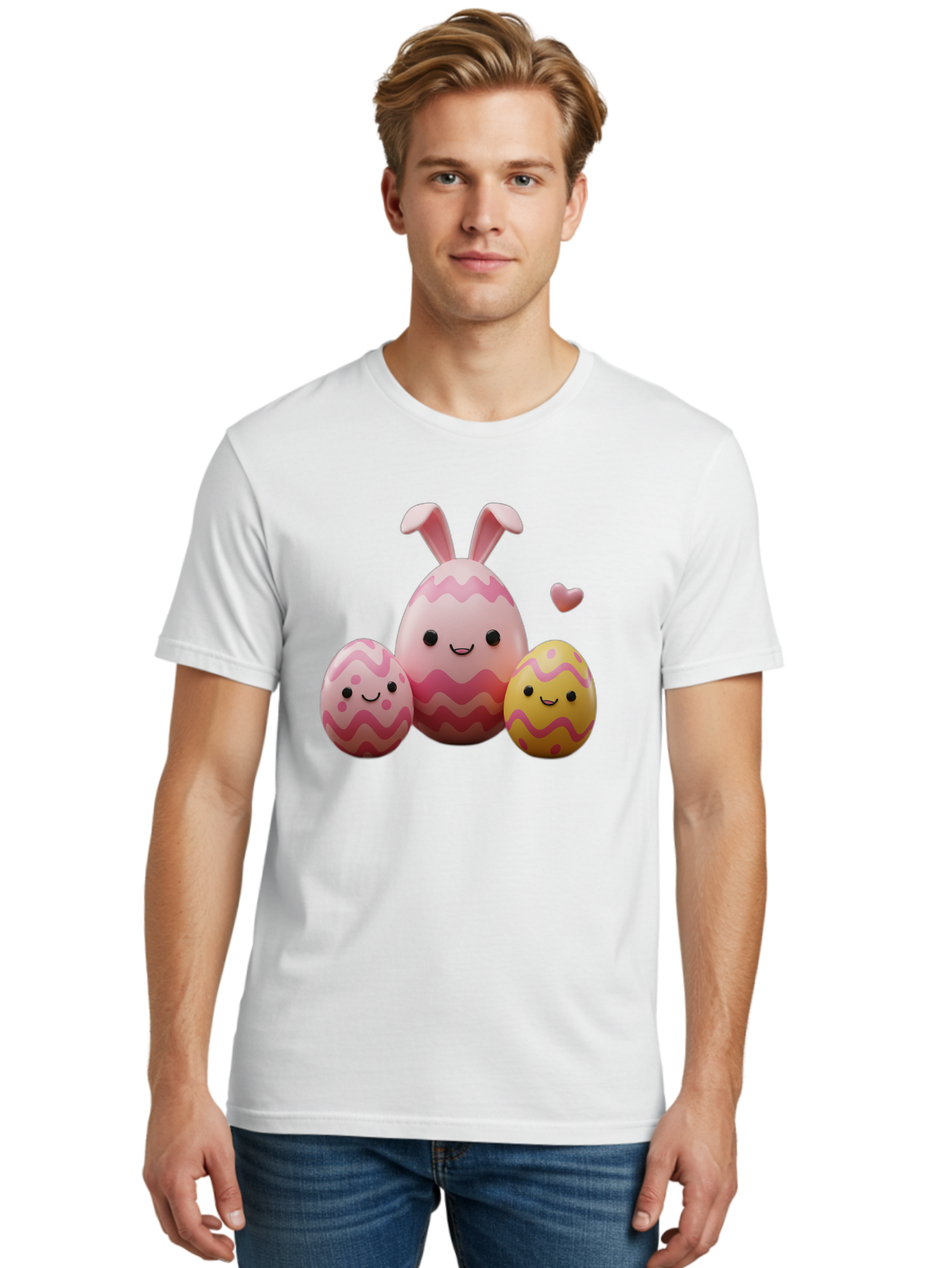 Easter-Eggs-With-Bunny-Ears-1 Men'S Graphic Tee, 100% Cotton, Comfortable Casual Summer Wear, Machine Washable, Easter Eggs, Cartoon Eggs, Happy Easter, Easter Bunny, Pink Eggs, Yellow Eggs, Cute Eggs, Smiling Faces, Pink Hearts, Baa623