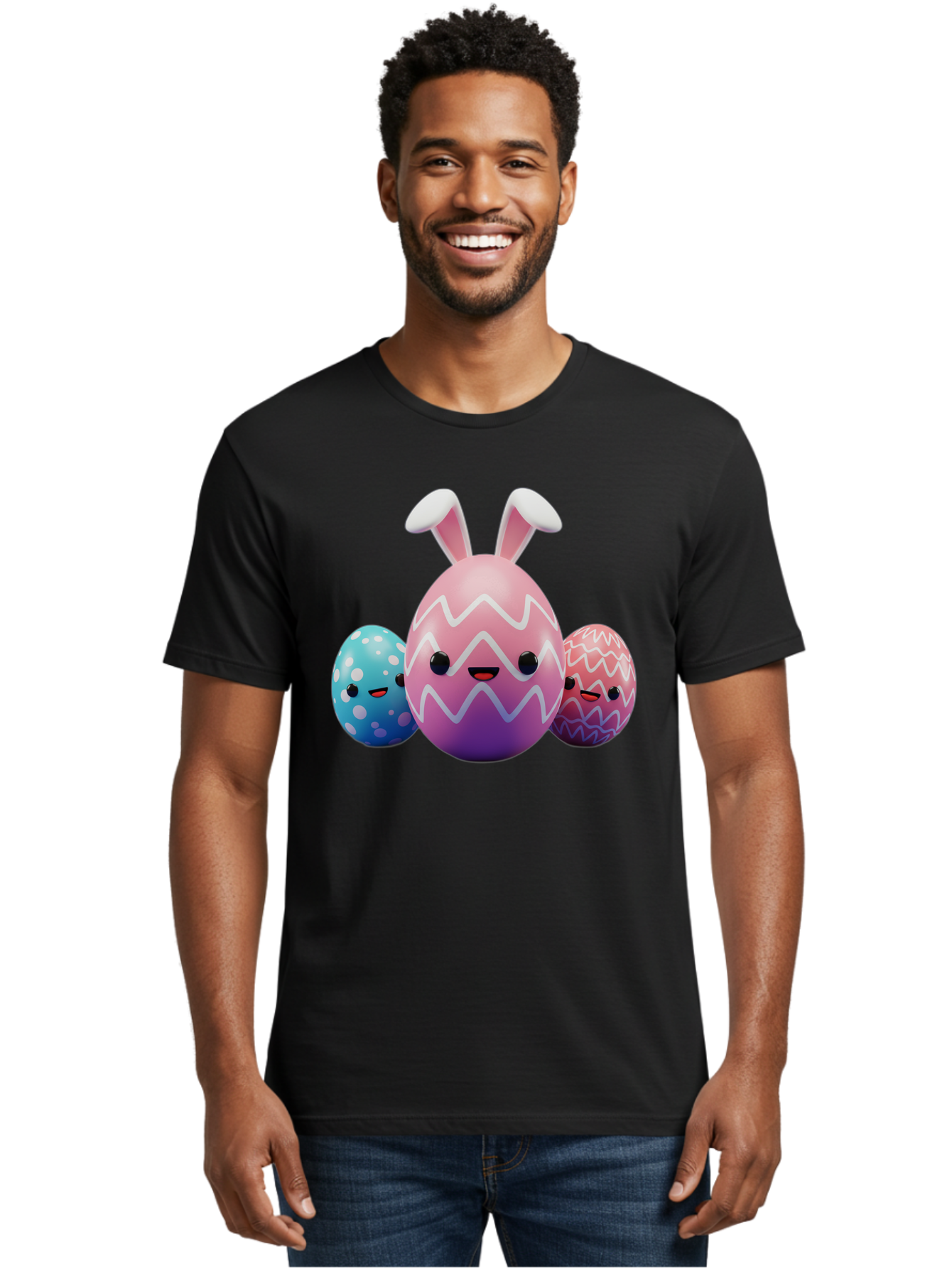 Easter-Eggs-With-Bunny-Ears Men'S Graphic Tee, 100% Cotton, Comfortable Casual Summer Wear, Machine Washable, Easter Eggs, Colorful Eggs, Decorated Eggs, Festive Eggs, Egg Hunt, Spring Season, Pastel Colors, Cute Eggs, Easter Celebration, Baa624