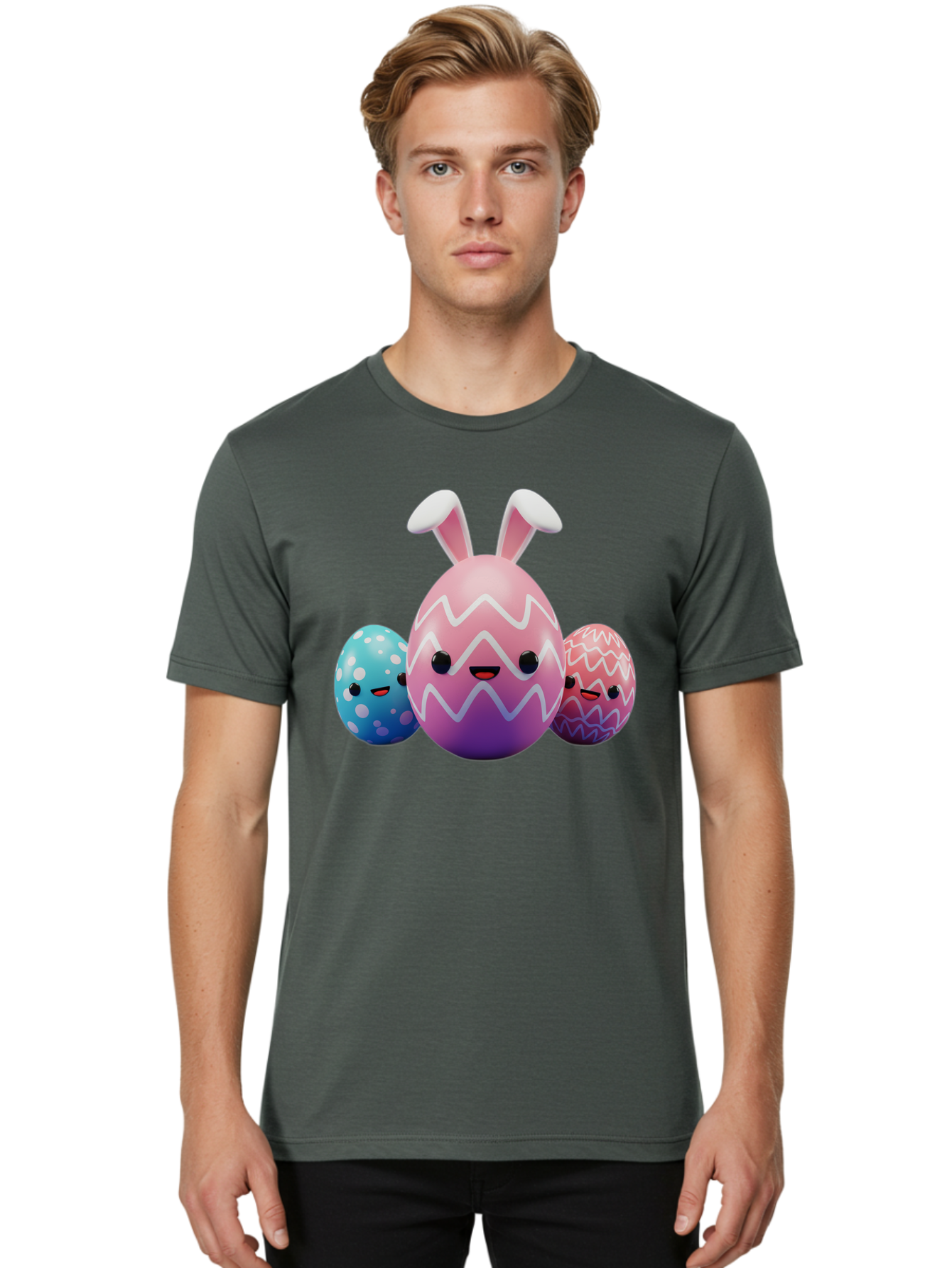 Easter-Eggs-With-Bunny-Ears Men'S Graphic Tee, 100% Cotton, Comfortable Casual Summer Wear, Machine Washable, Easter Eggs, Colorful Eggs, Decorated Eggs, Festive Eggs, Egg Hunt, Spring Season, Pastel Colors, Cute Eggs, Easter Celebration, Baa624