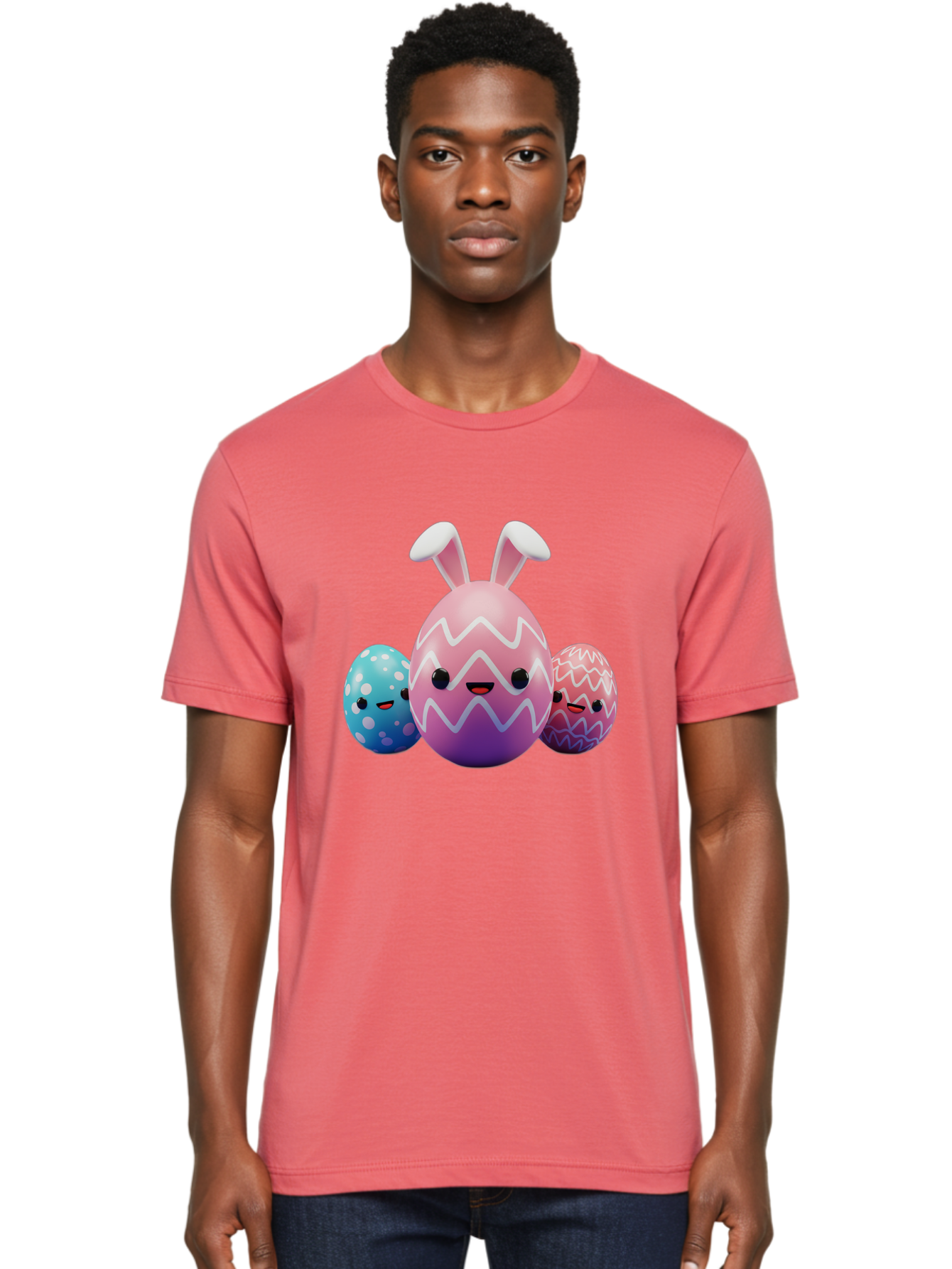 Easter-Eggs-With-Bunny-Ears Men'S Graphic Tee, 100% Cotton, Comfortable Casual Summer Wear, Machine Washable, Easter Eggs, Colorful Eggs, Decorated Eggs, Festive Eggs, Egg Hunt, Spring Season, Pastel Colors, Cute Eggs, Easter Celebration, Baa624