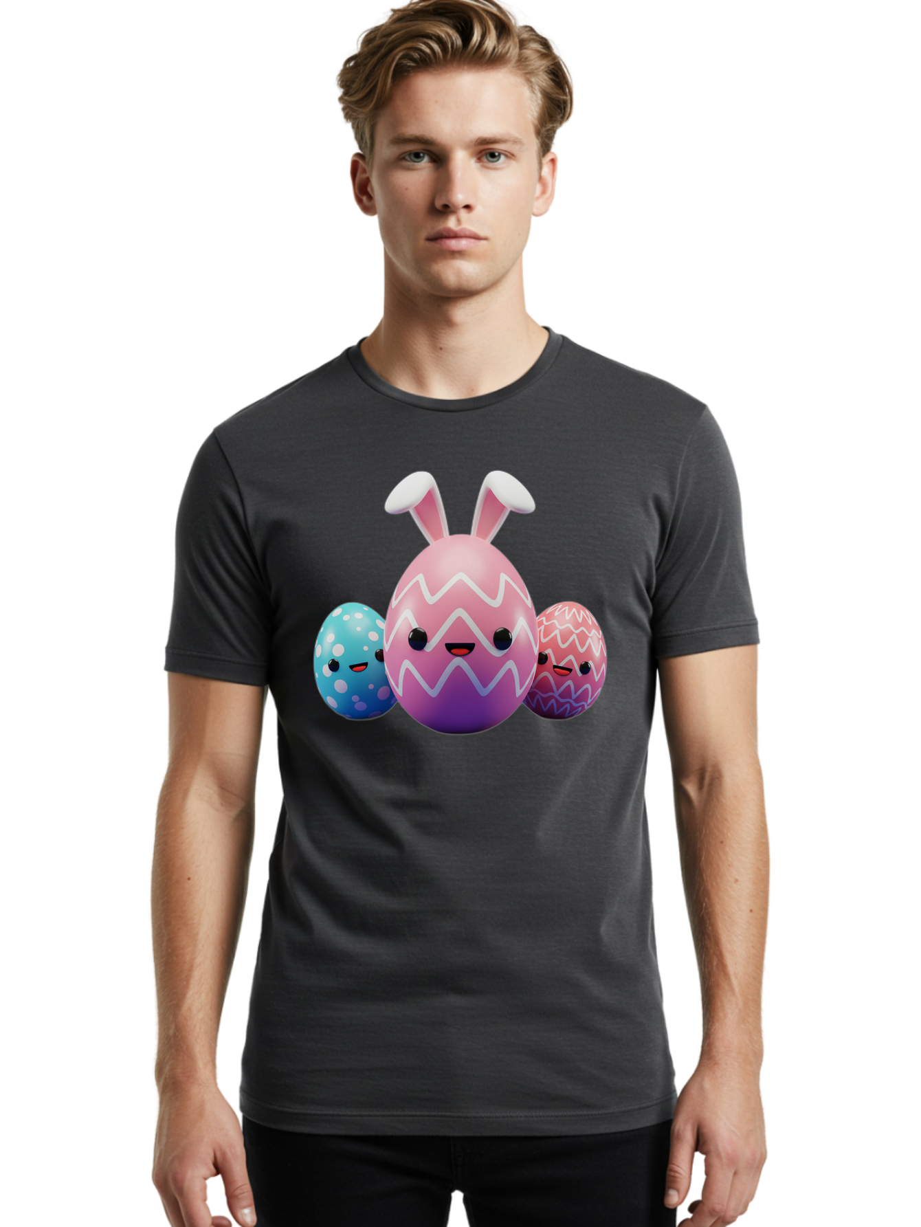Easter-Eggs-With-Bunny-Ears Men'S Graphic Tee, 100% Cotton, Comfortable Casual Summer Wear, Machine Washable, Easter Eggs, Colorful Eggs, Decorated Eggs, Festive Eggs, Egg Hunt, Spring Season, Pastel Colors, Cute Eggs, Easter Celebration, Baa624