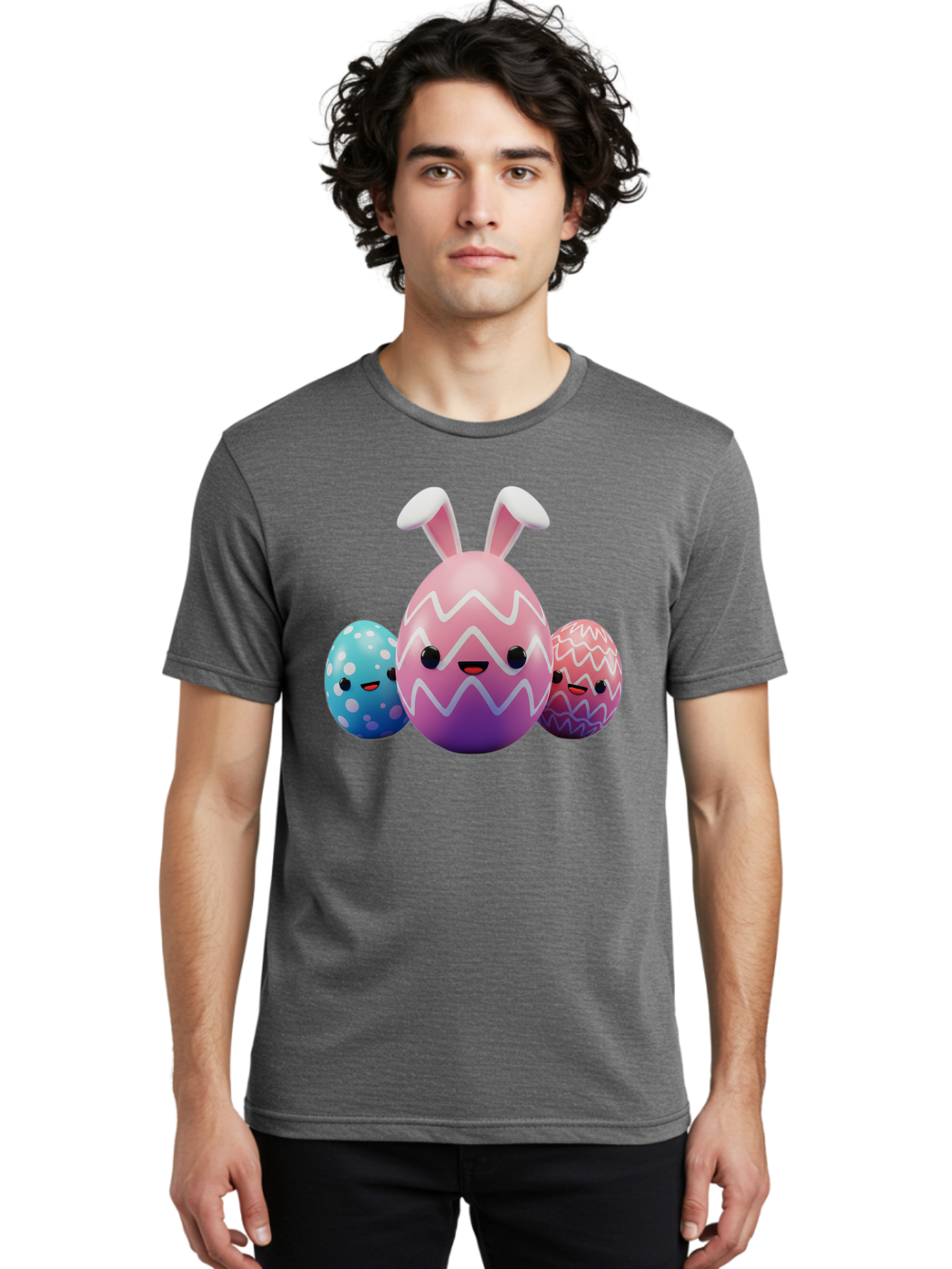 Easter-Eggs-With-Bunny-Ears Men'S Graphic Tee, 100% Cotton, Comfortable Casual Summer Wear, Machine Washable, Easter Eggs, Colorful Eggs, Decorated Eggs, Festive Eggs, Egg Hunt, Spring Season, Pastel Colors, Cute Eggs, Easter Celebration, Baa624