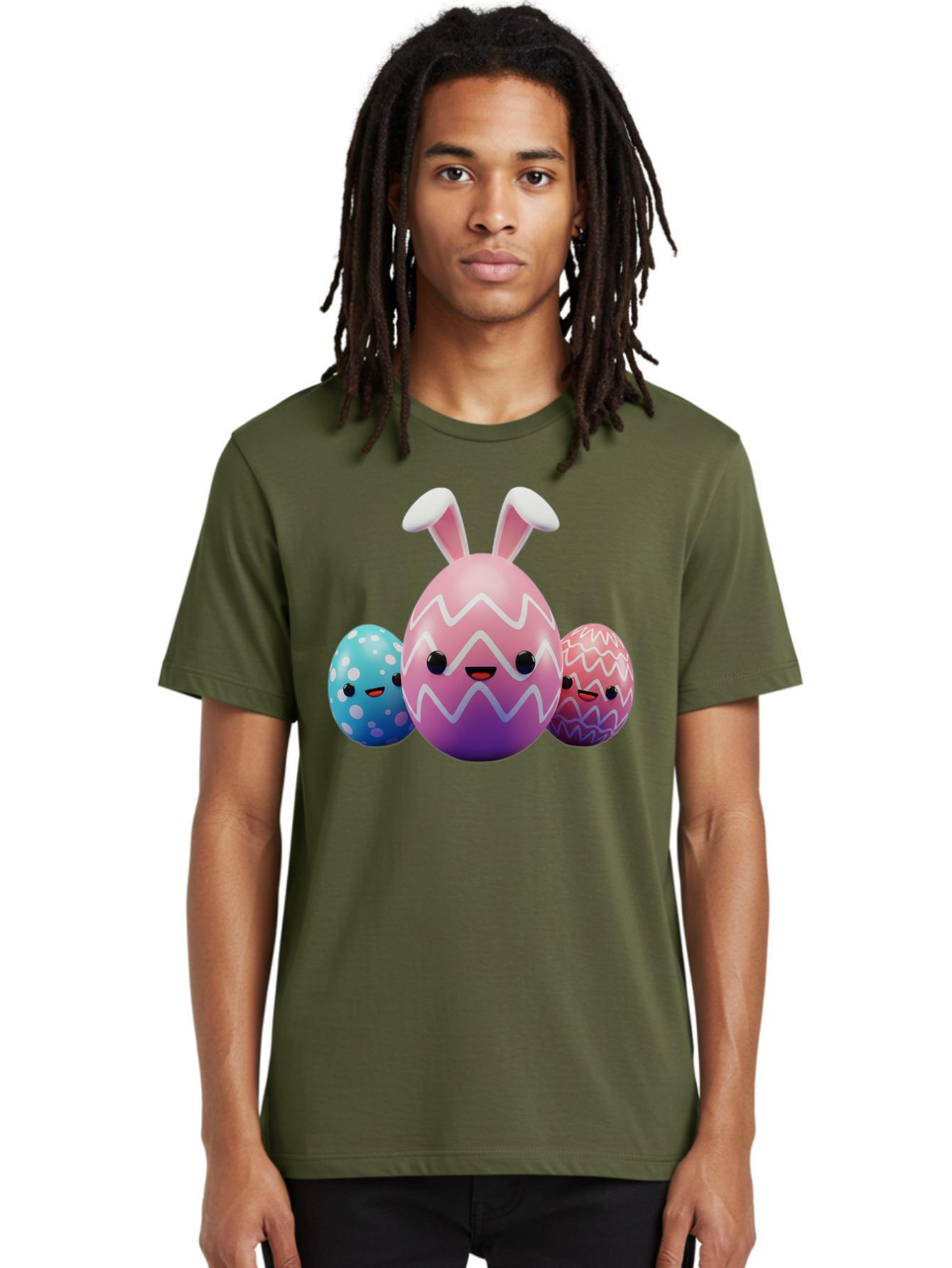 Easter-Eggs-With-Bunny-Ears Men'S Graphic Tee, 100% Cotton, Comfortable Casual Summer Wear, Machine Washable, Easter Eggs, Colorful Eggs, Decorated Eggs, Festive Eggs, Egg Hunt, Spring Season, Pastel Colors, Cute Eggs, Easter Celebration, Baa624