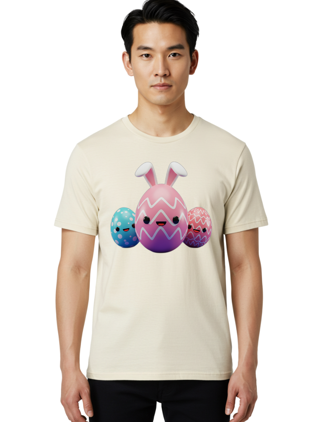 Easter-Eggs-With-Bunny-Ears Men'S Graphic Tee, 100% Cotton, Comfortable Casual Summer Wear, Machine Washable, Easter Eggs, Colorful Eggs, Decorated Eggs, Festive Eggs, Egg Hunt, Spring Season, Pastel Colors, Cute Eggs, Easter Celebration, Baa624