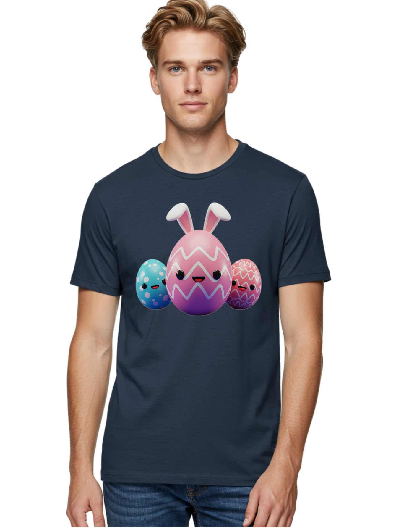 Easter-Eggs-With-Bunny-Ears Men'S Graphic Tee, 100% Cotton, Comfortable Casual Summer Wear, Machine Washable, Easter Eggs, Colorful Eggs, Decorated Eggs, Festive Eggs, Egg Hunt, Spring Season, Pastel Colors, Cute Eggs, Easter Celebration, Baa624
