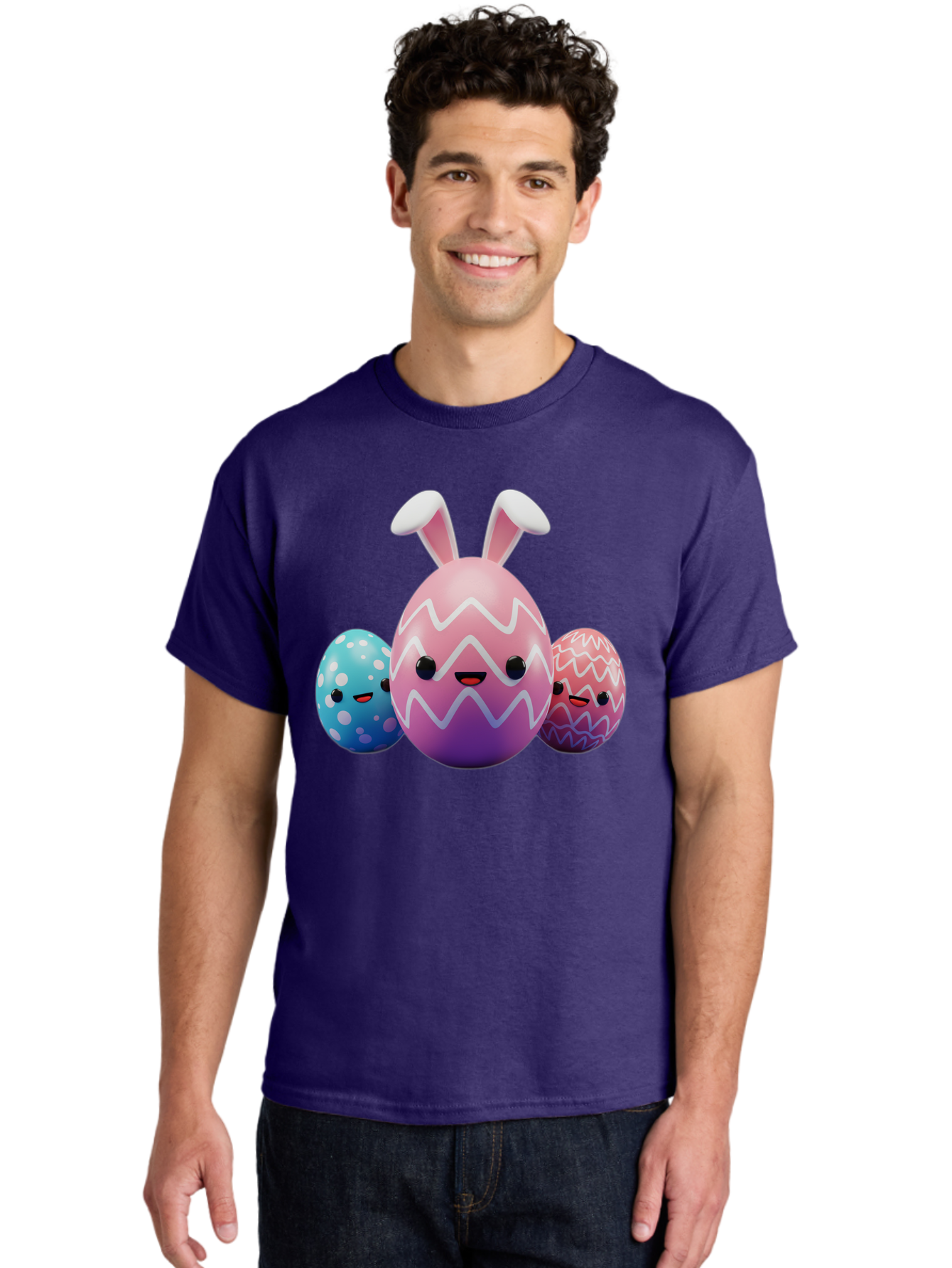 Easter-Eggs-With-Bunny-Ears Men'S Graphic Tee, 100% Cotton, Comfortable Casual Summer Wear, Machine Washable, Easter Eggs, Colorful Eggs, Decorated Eggs, Festive Eggs, Egg Hunt, Spring Season, Pastel Colors, Cute Eggs, Easter Celebration, Baa624